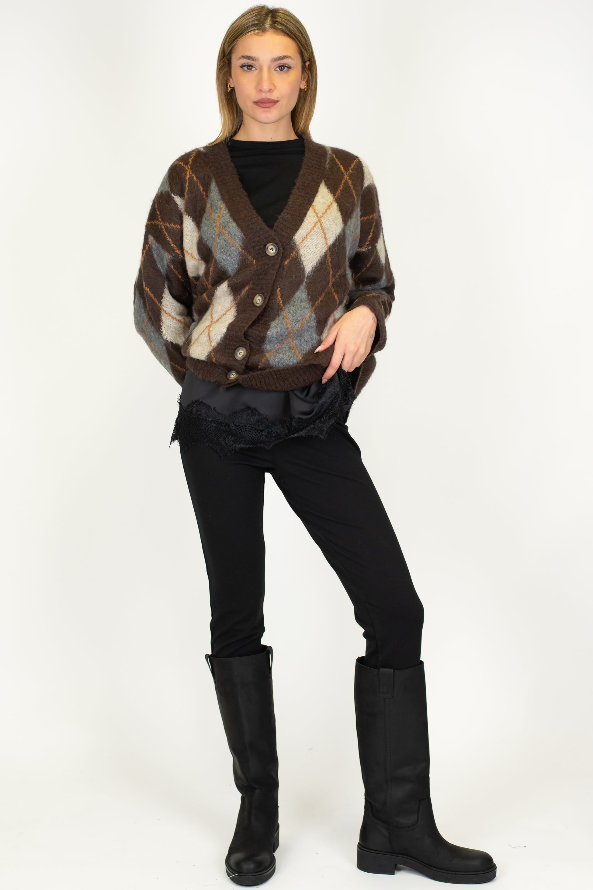 Tensione in - Cardigan over fantasia rombi a contrasto in misto lana
