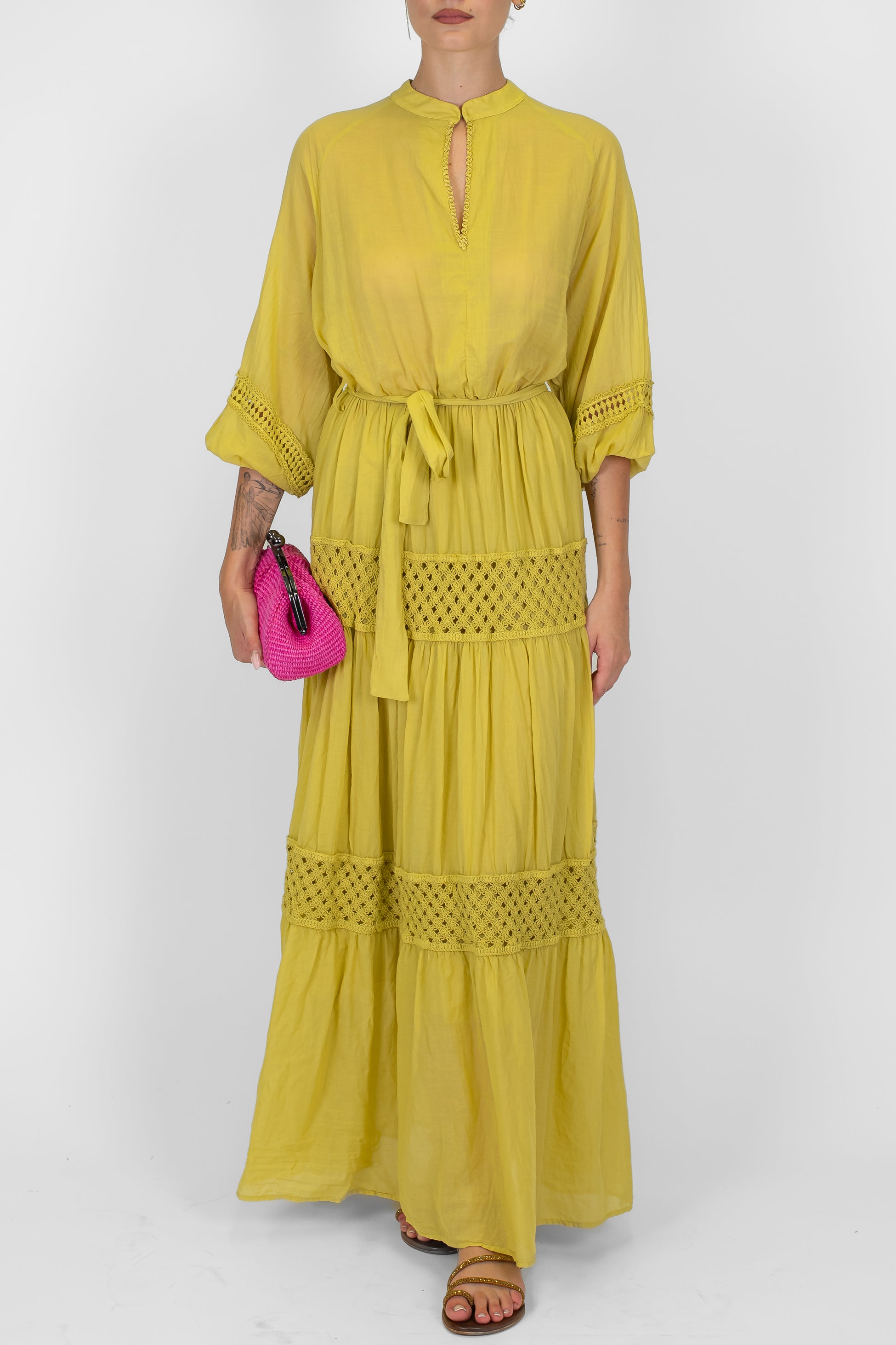 Dixie - Abito lungo in mussola di cotone con inserti crochet