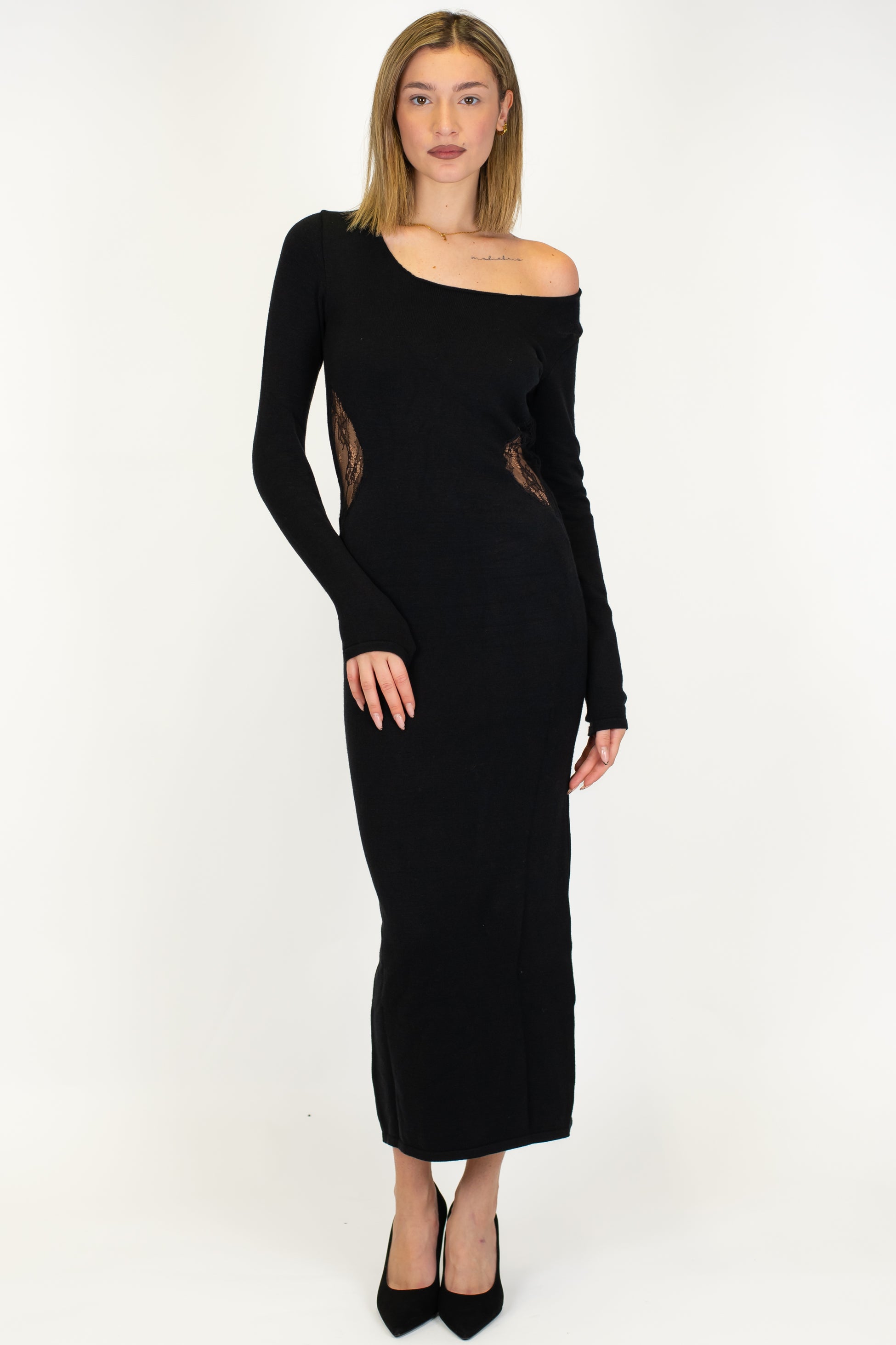 Haveone - Abito lungo in maglia monospalla con inserti in pizzo laterali