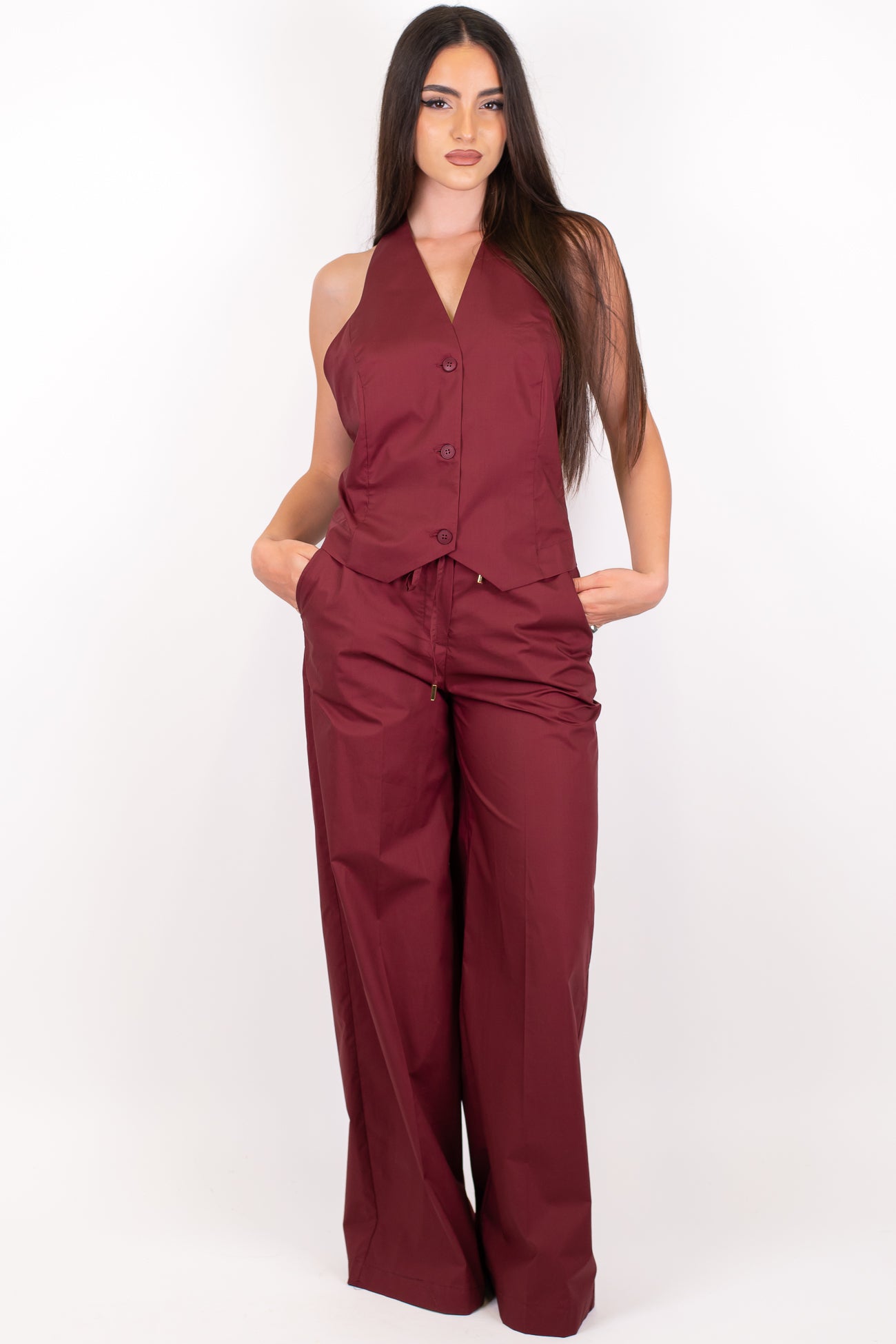 Dixie - Coordinato in cotone tela paracadute con top scollo americano e pantalone palazzo con elastico sul retro