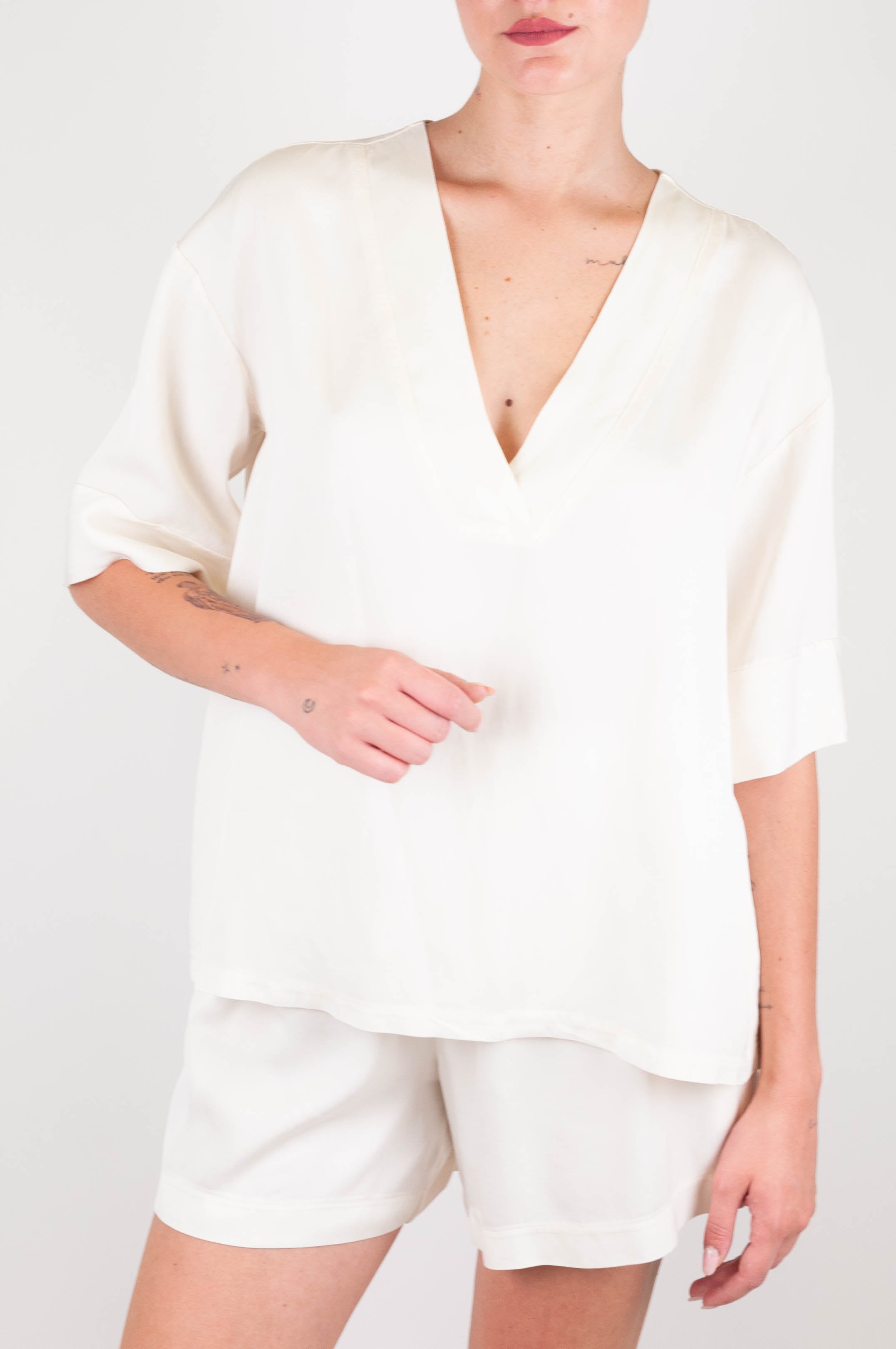 Haveone - Blusa scollo a V in misto lino