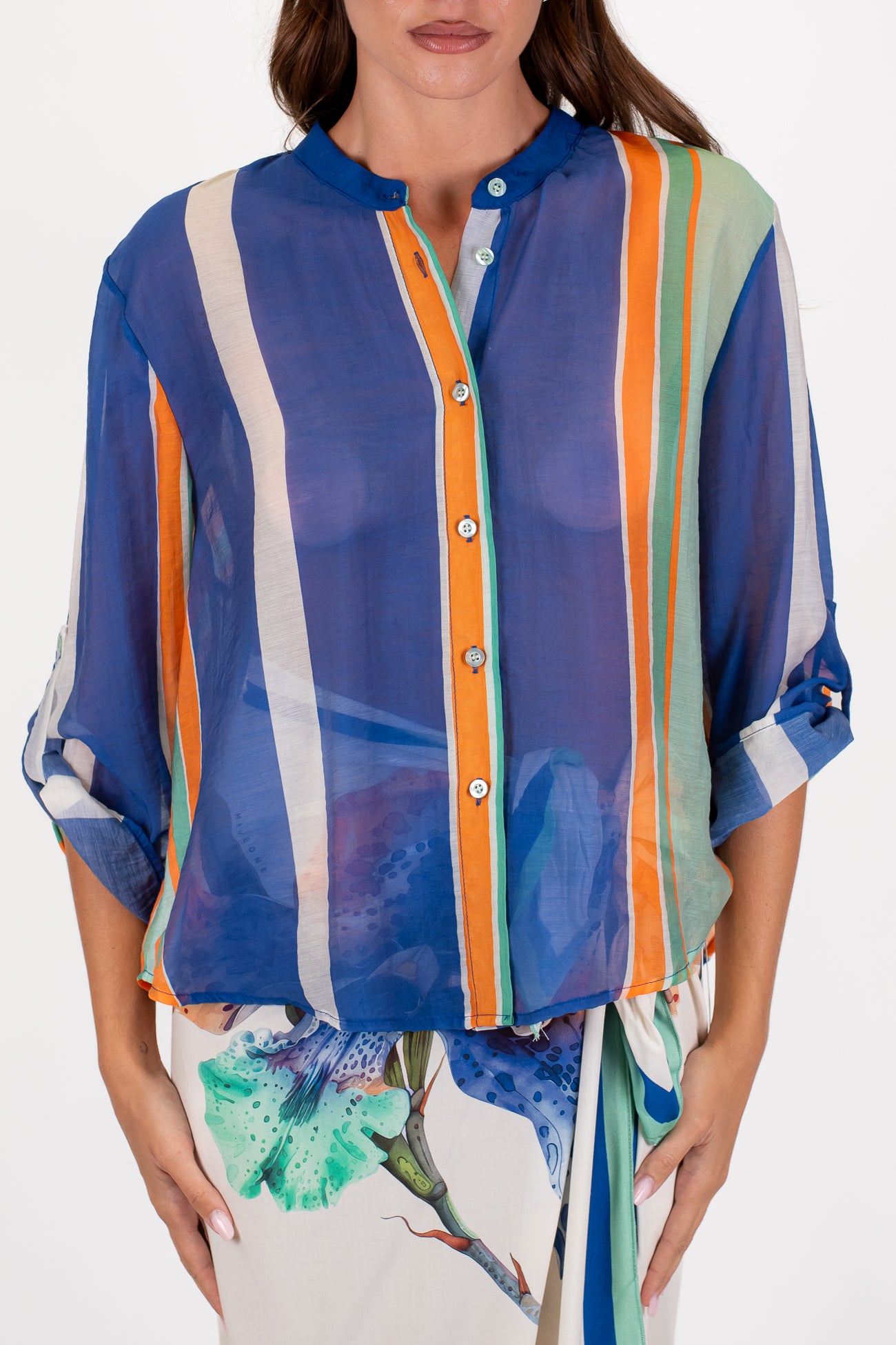 Haveone - Camicia fantasia a righe multicolor in lyocell con collo coreano
