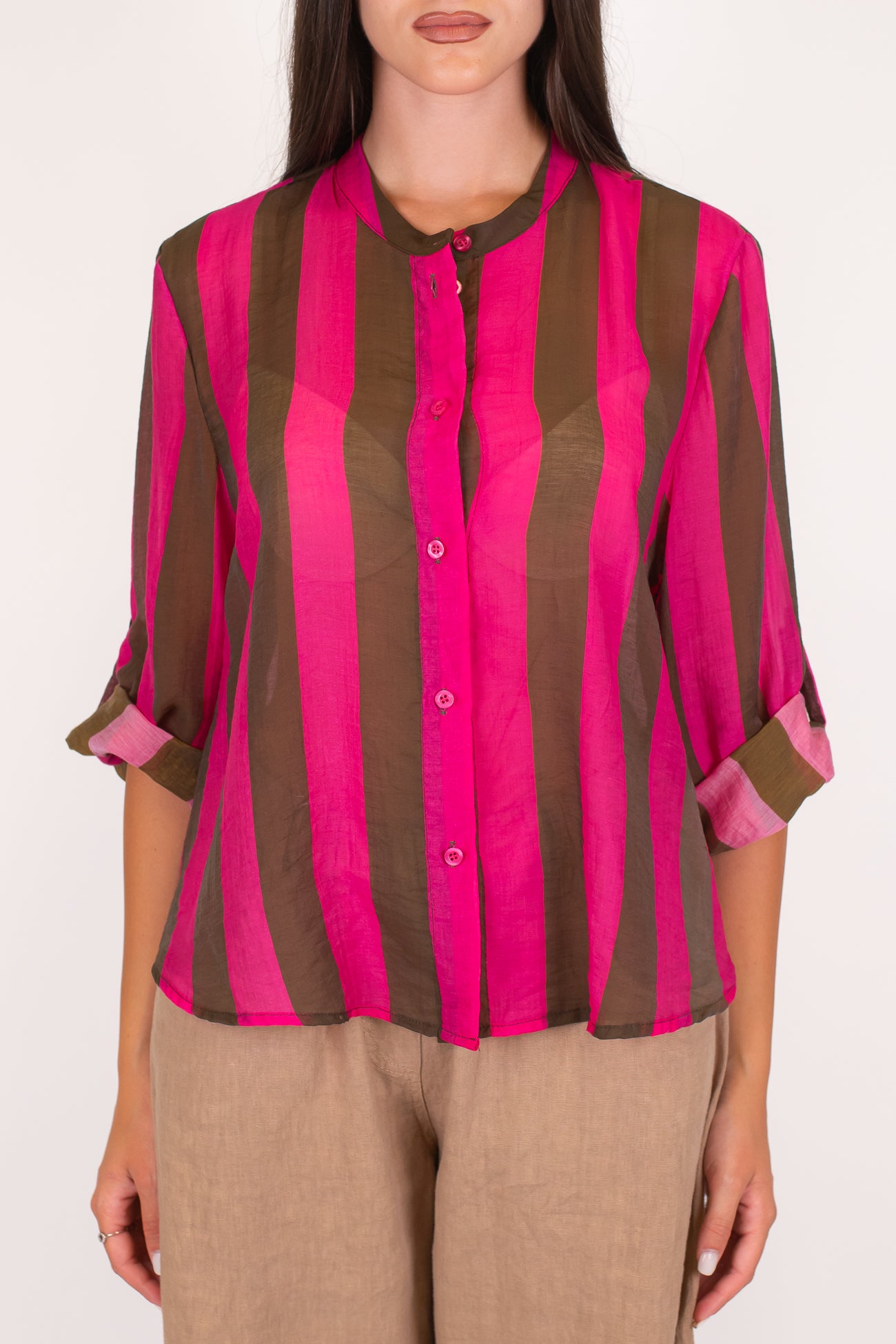 Haveone - Camicia fantasia a righe a contrasto in lyocell con manica tre quarti
