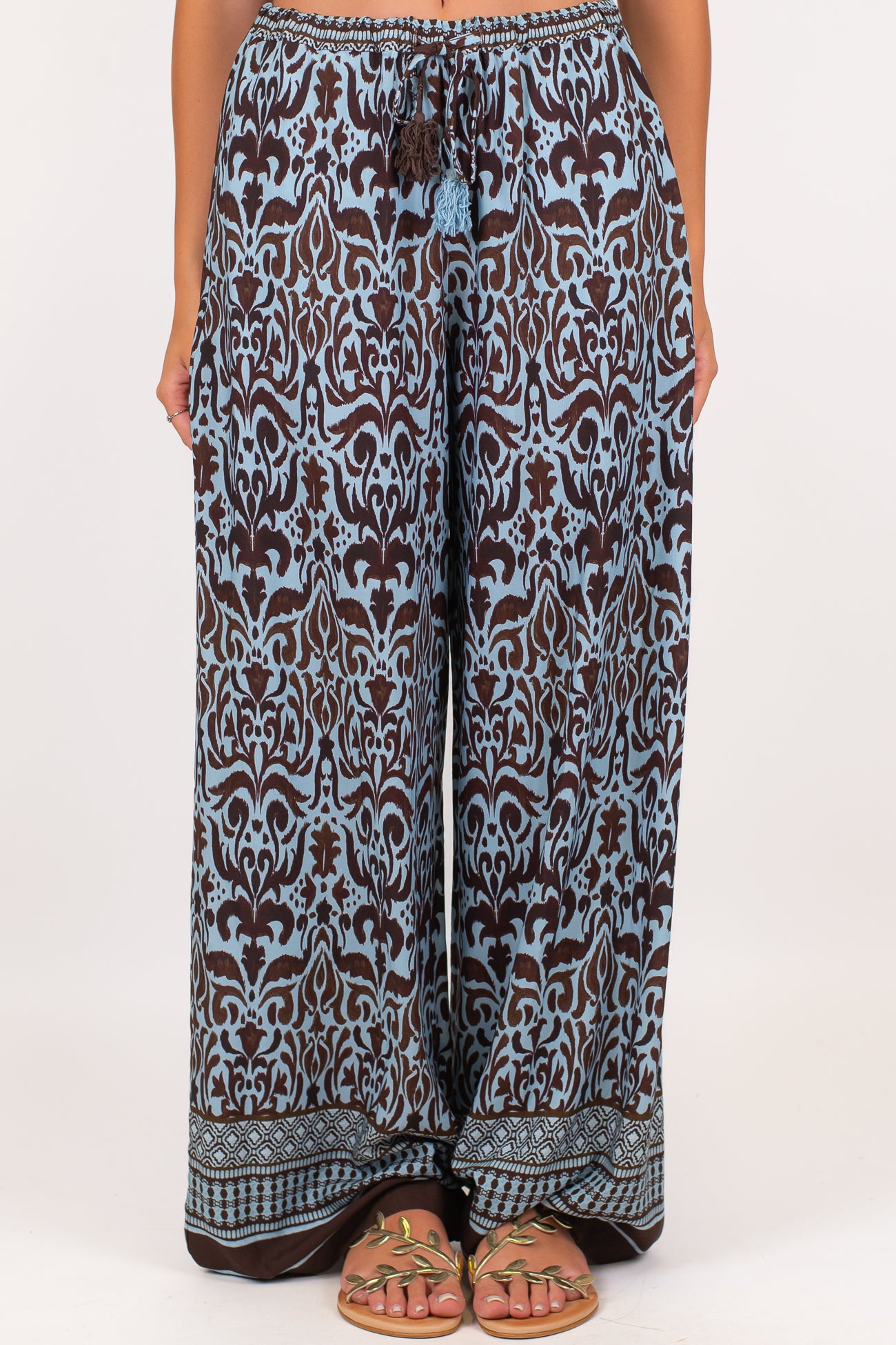 Tensione in - Pantalone palazzo fantasia etnica in viscosa leggera con coulisse