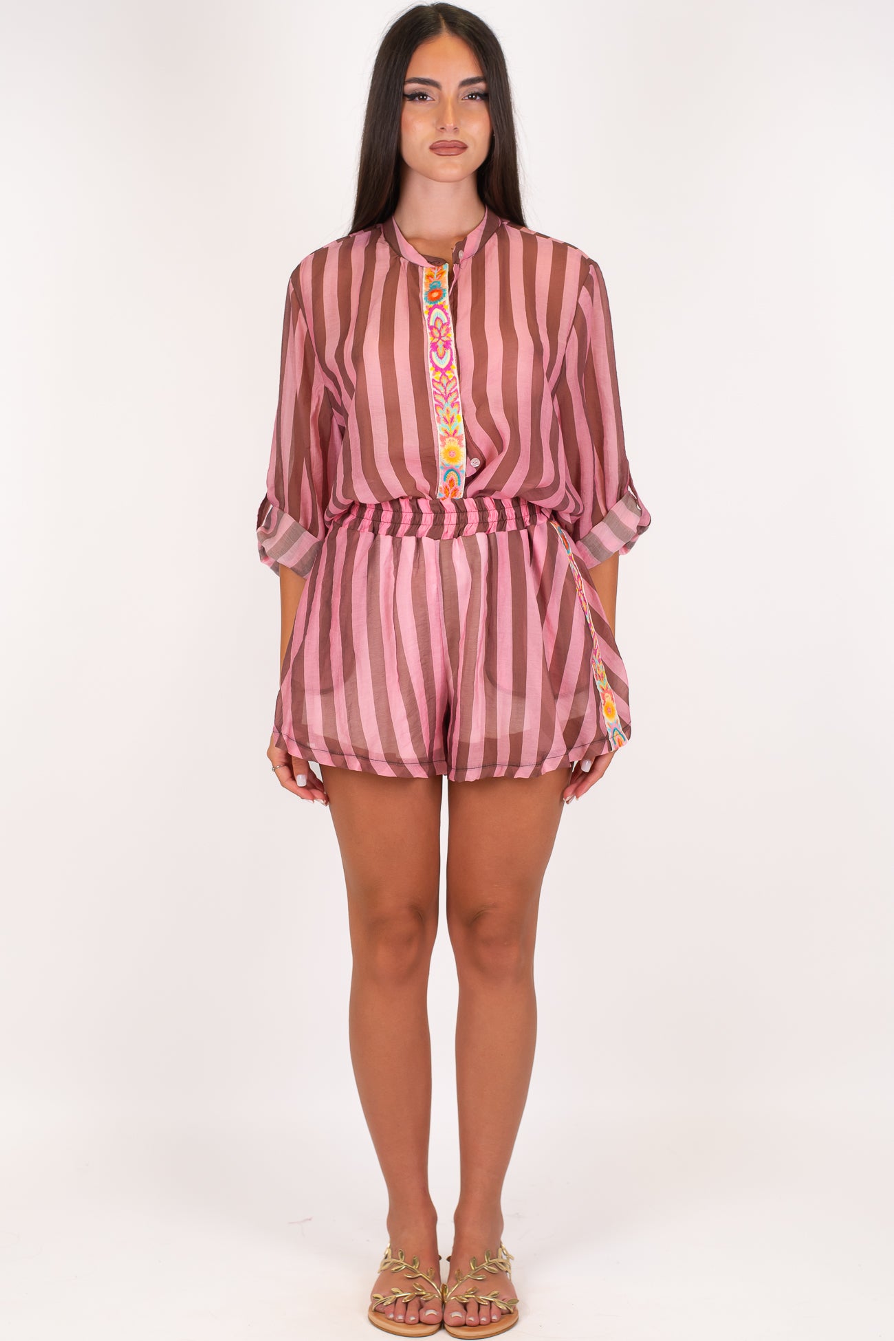 Tensione in - Coordinato camicia e shorts fantasia a righe in lyocell con profilo a contrasto floreale