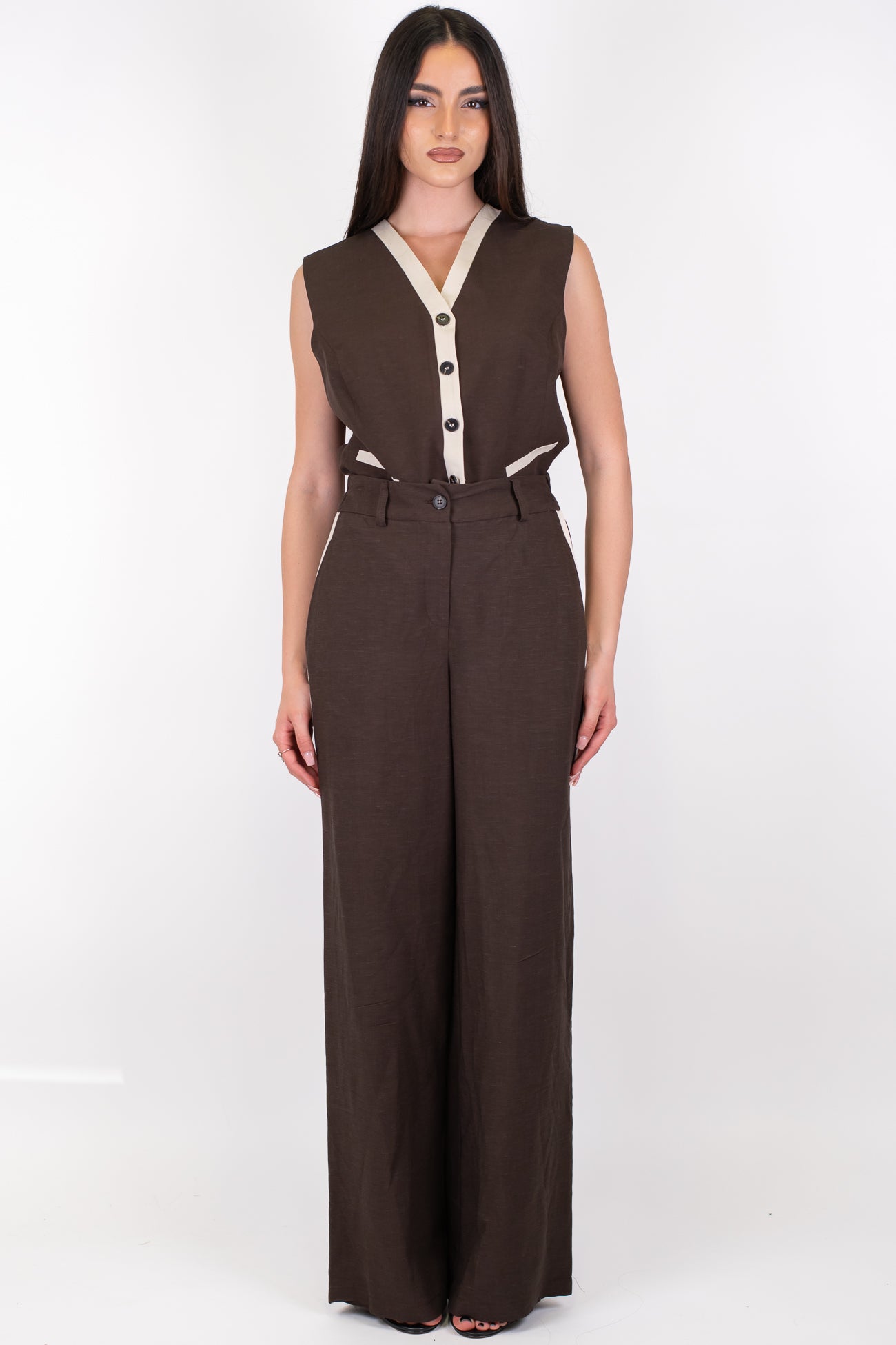Motel - Coordinato gilet e pantalone palazzo in misto lino con elastico sul retro e banda laterale a contrasto