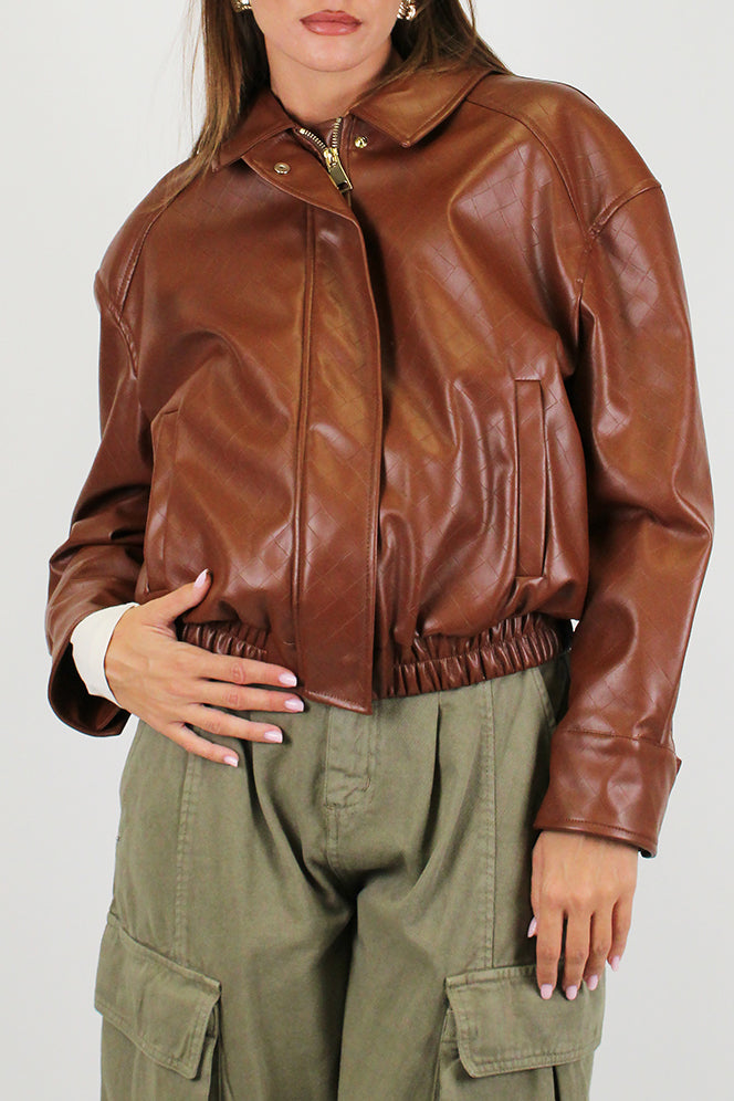 Motel - Bomber crop in ecopelle fantasia intrecciata con chiusura a zip a scomparsa