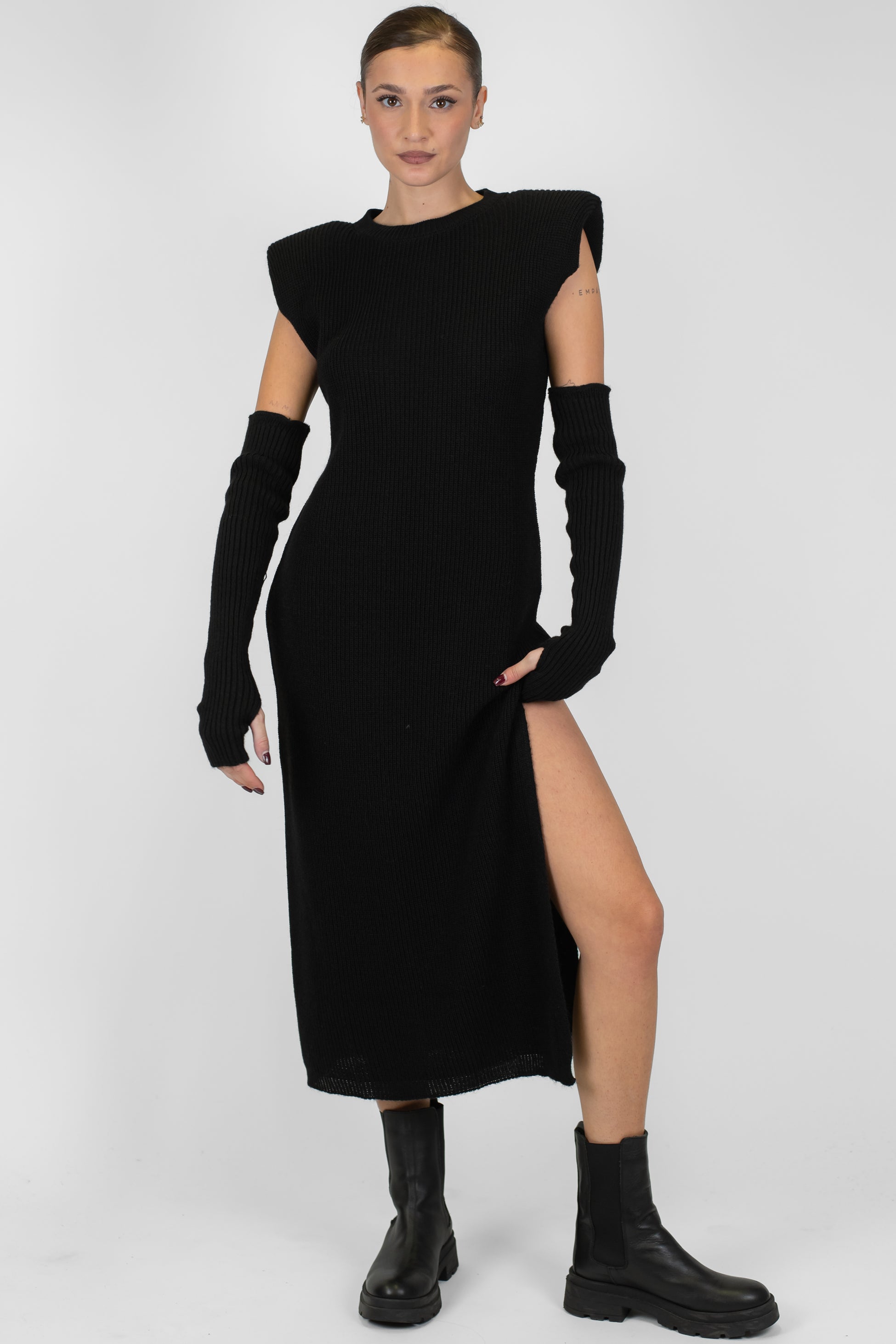 Maryley - Abito lungo giromaniche a costine in misto lana con manicotti