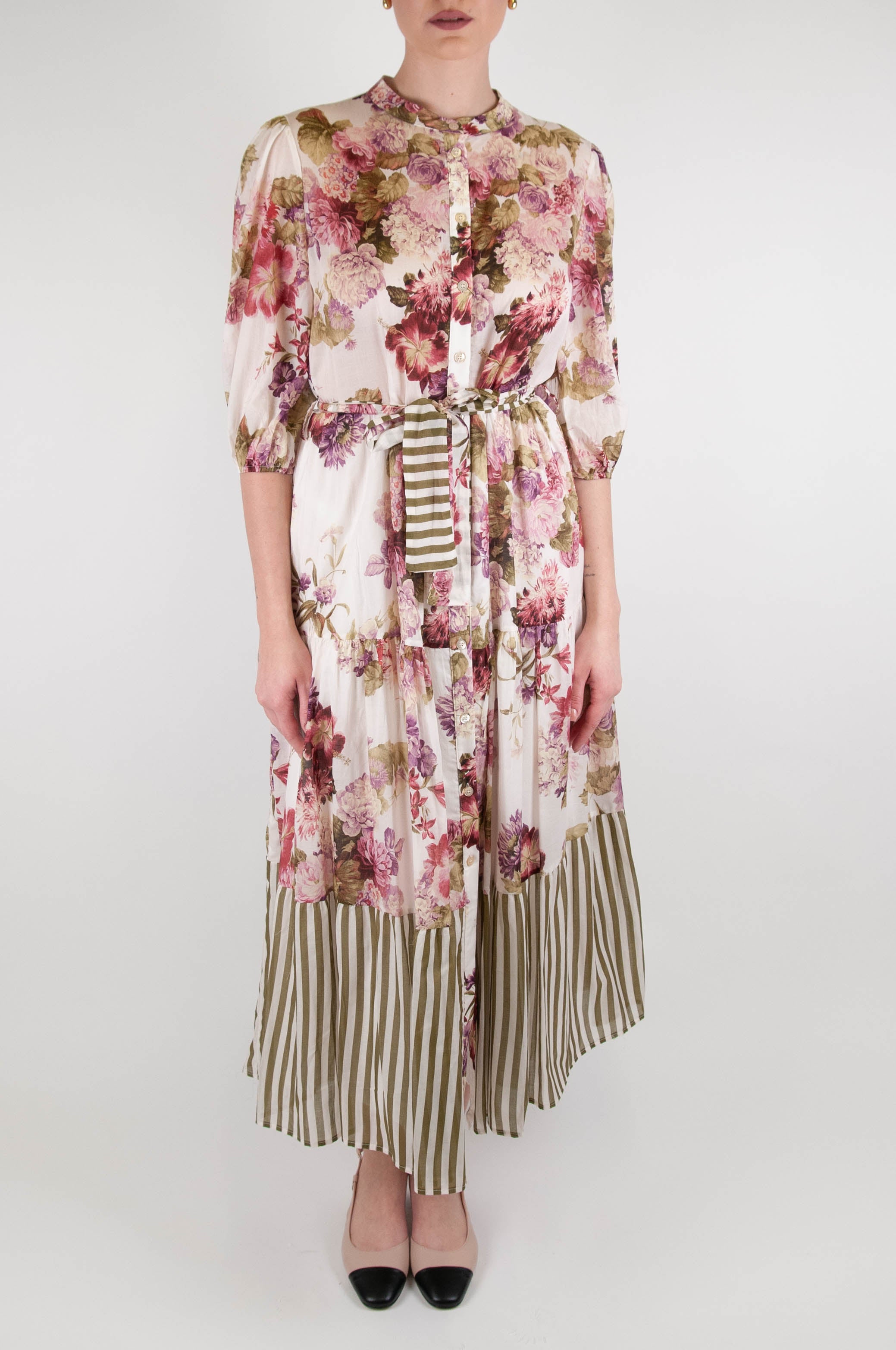 Tension in - Flower and striped patterned cotton muslin shirt dress with belt at the waist