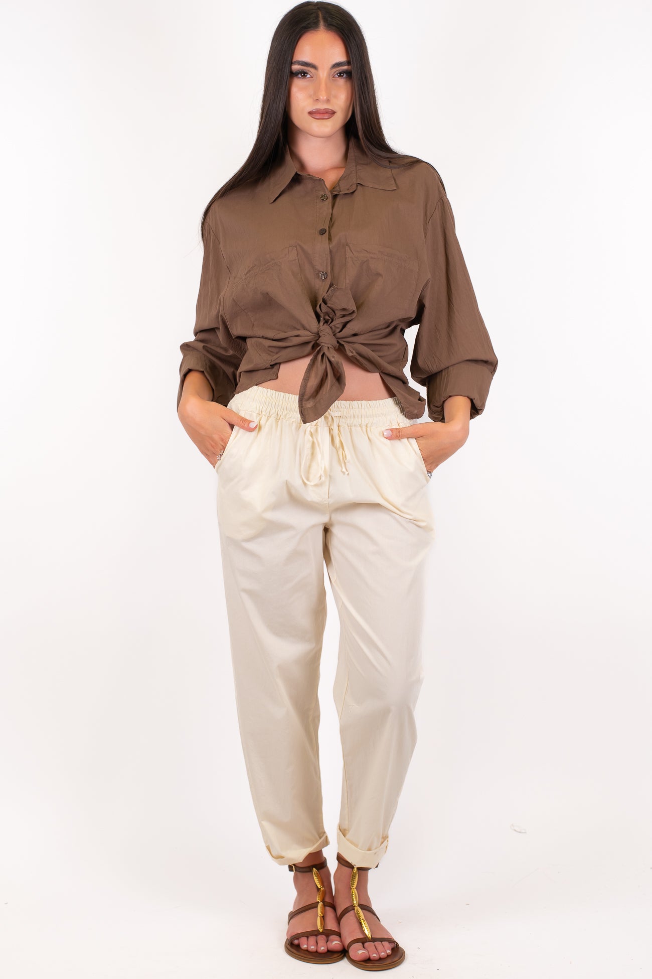 Haveone - Pantalone regular in cotone leggero con coulisse