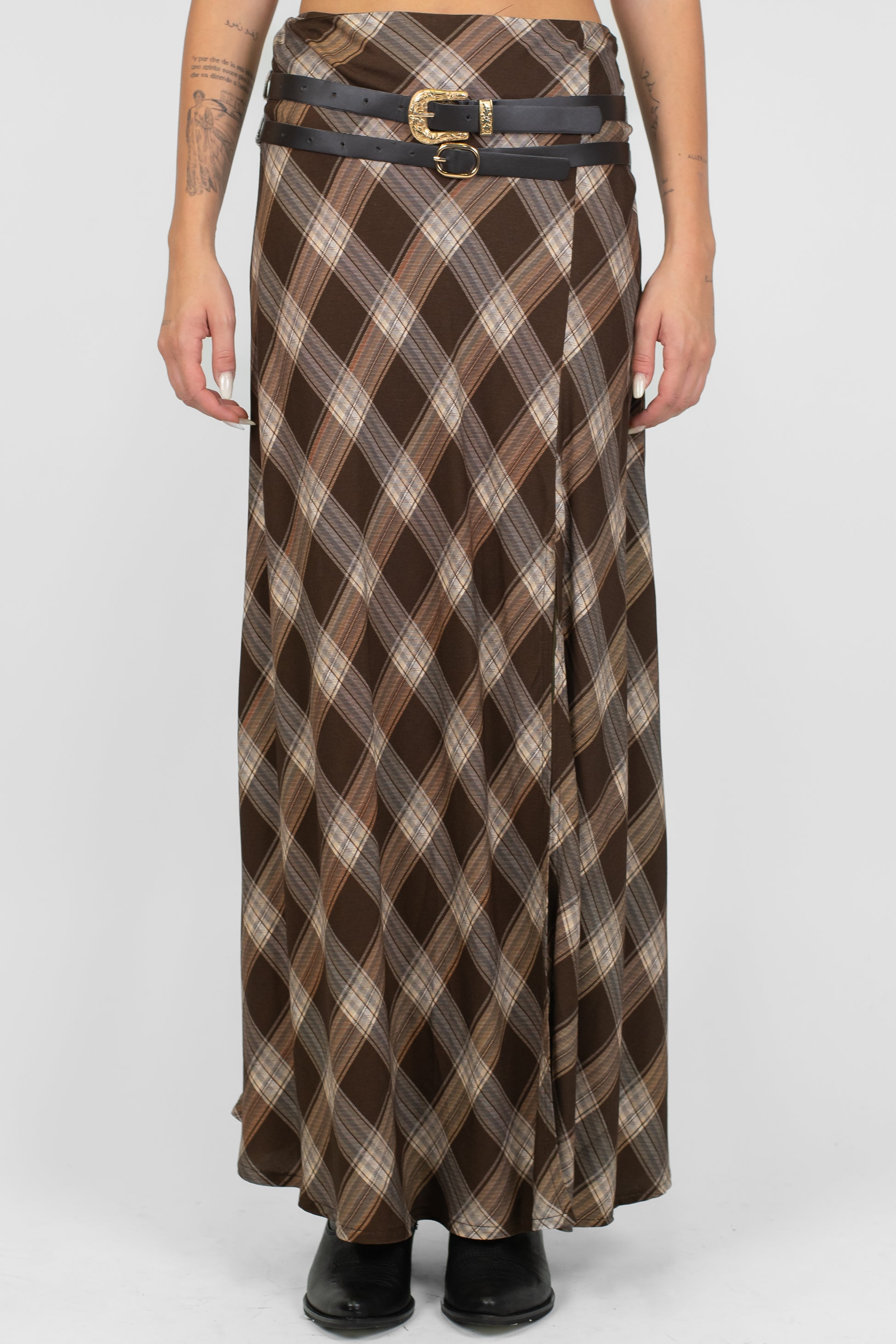 Haveone - Gonna fantasia quadri con spacco laterale e doppia cintura al passante