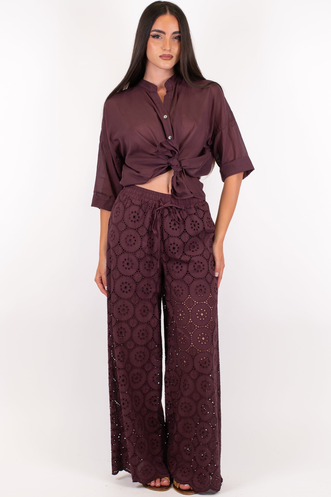 Haveone - Pantalone palazzo in pizzo sangallo con coulisse