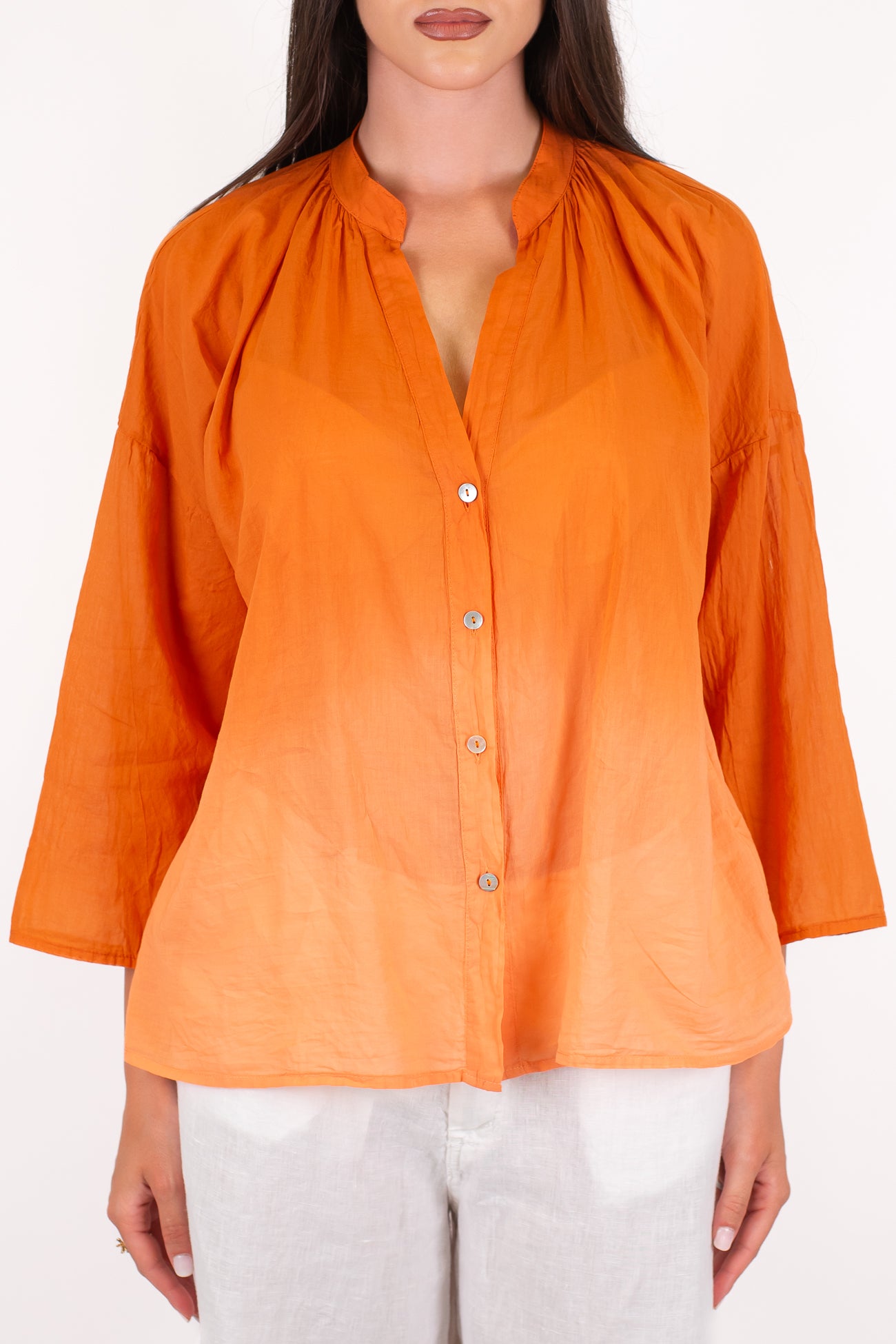 Haveone - Camicia fantasia sfumata in musssola di cotone con collo coreano e manicha tre quarti