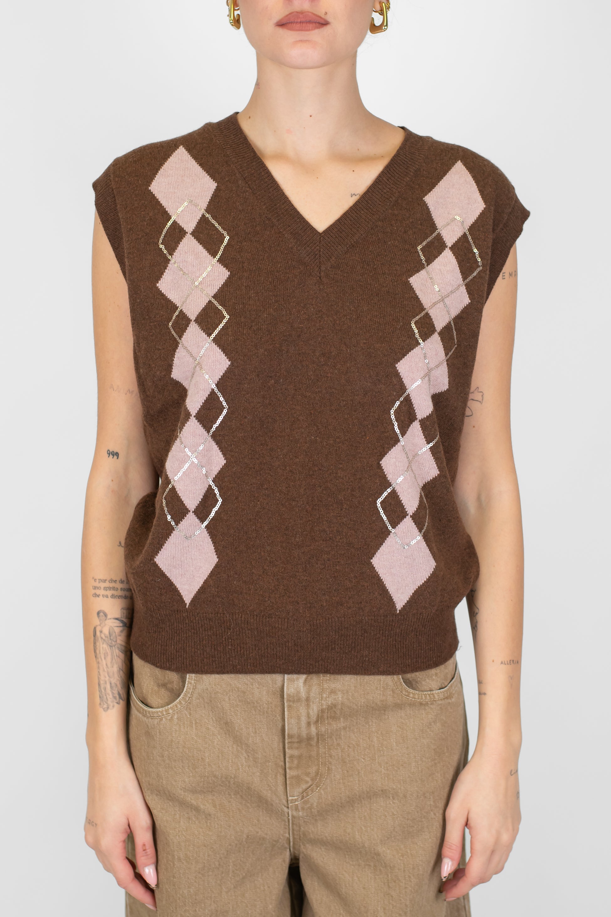 Motel - Gilet scollo a V fantasia rombi laterali in misto lana e cashmere