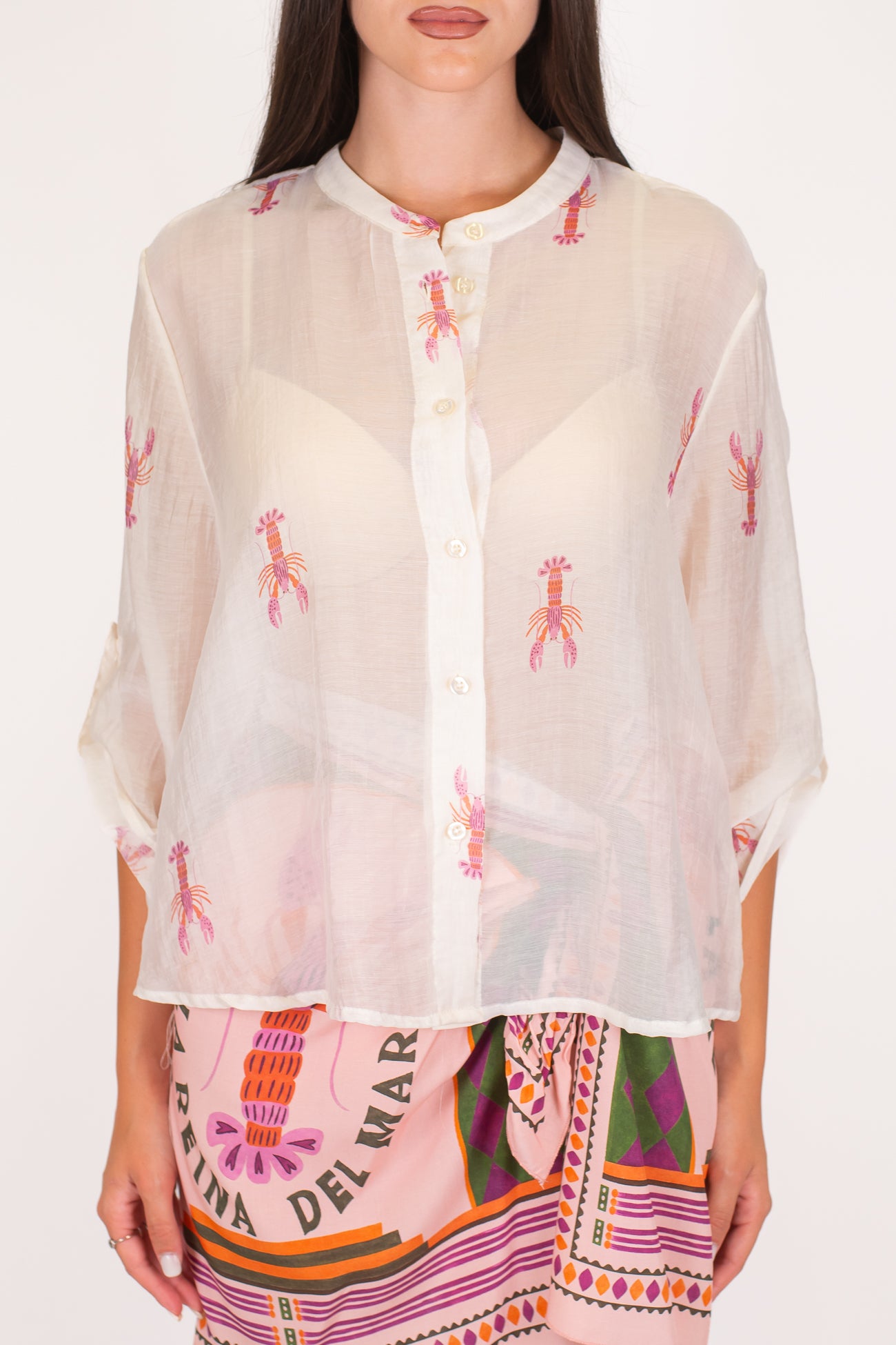 Haveone - Camicia fantasia aragosta in lyocell con collo coreano e manica tre quarti