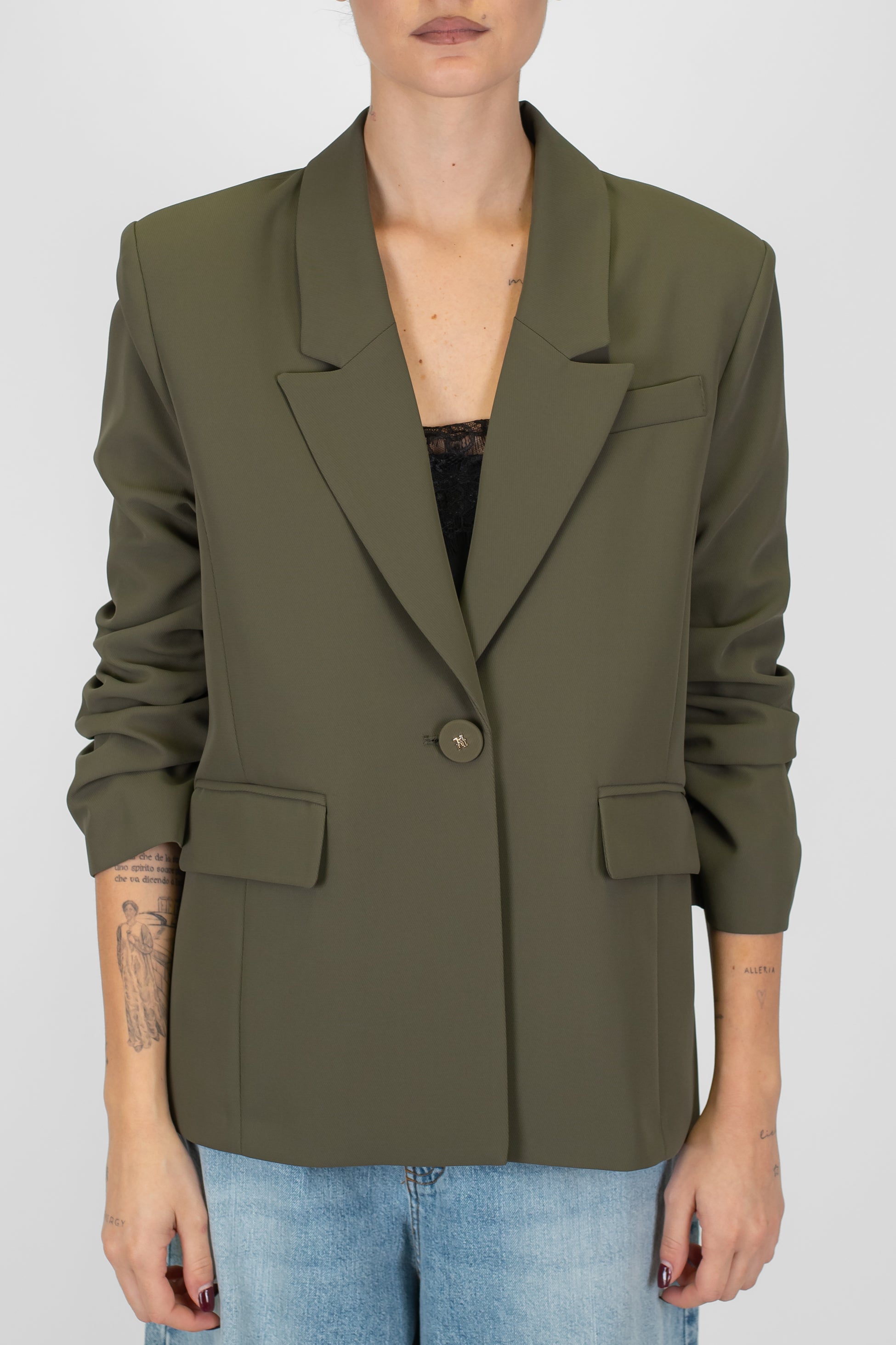 Imperial - Giacca monopetto in tessuto fluido con spalline e maniche arricciate