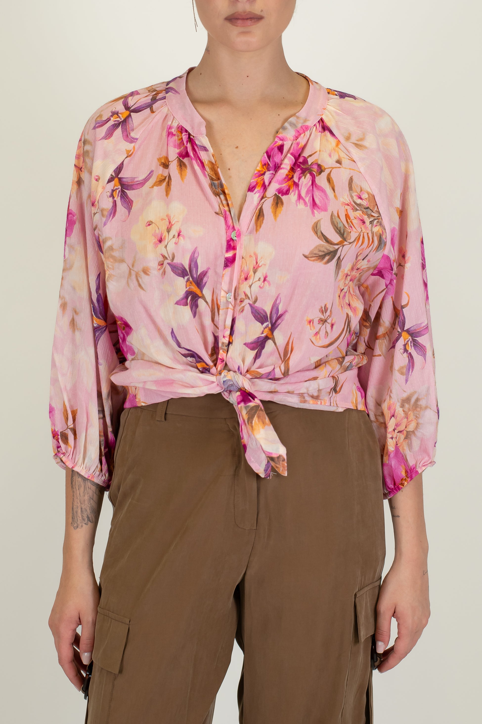 Motel - Camicia fantasia floreale in mussola di cotone con collo coreano