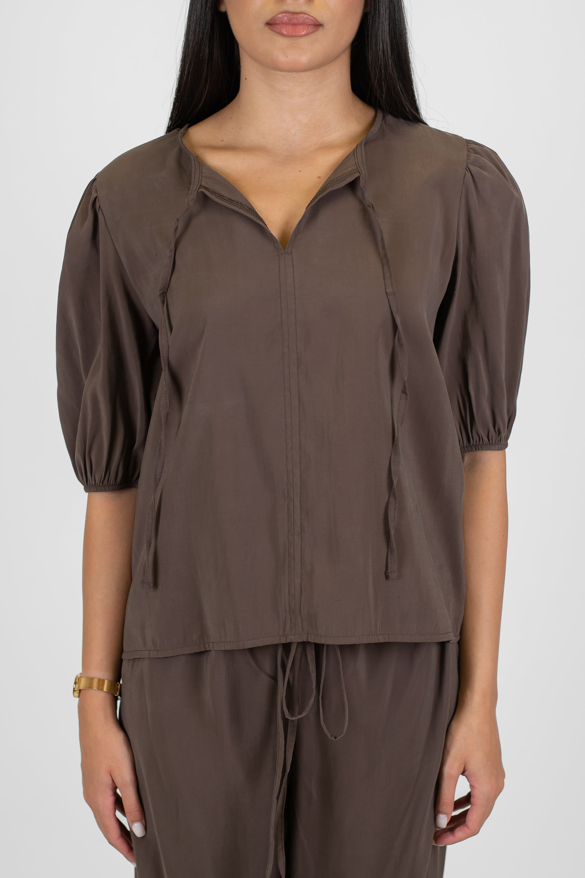 Haveone - Coordinato in modal con t-shirt scollo a V con lacci e pantalone palazzo con coulisse