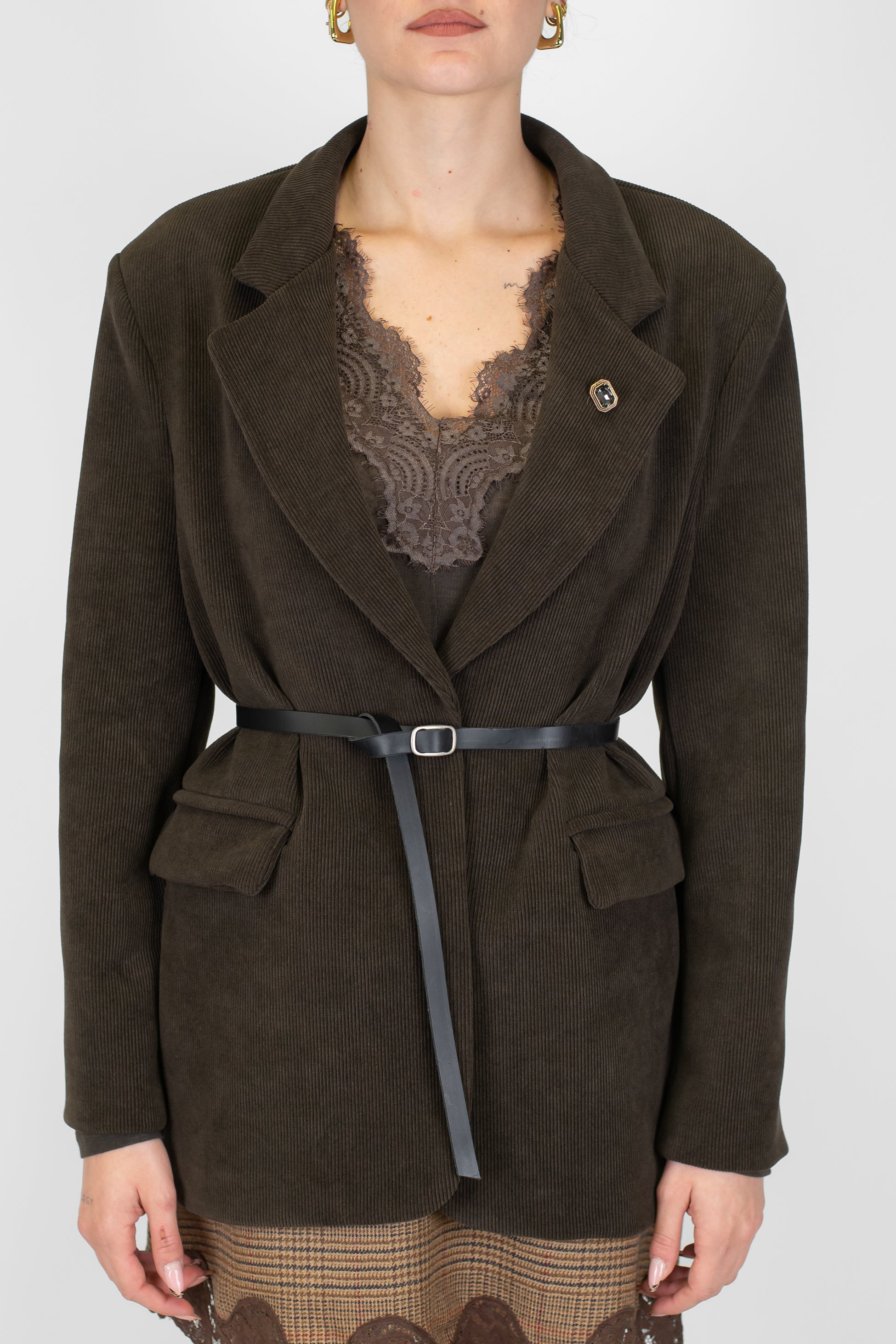 Haveone - Giacca monopetto in velluto a coste con spilla