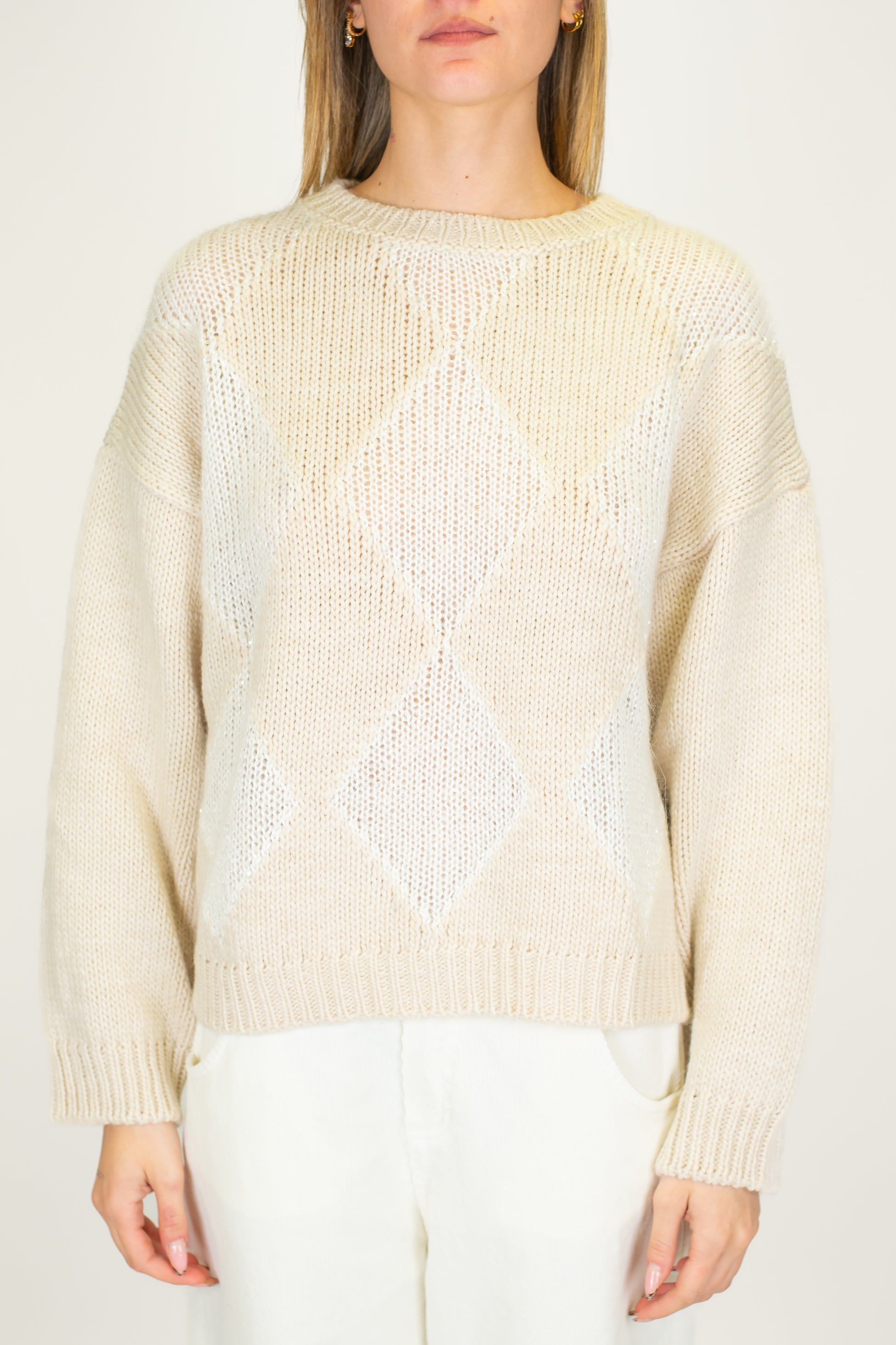 Motel - Maglia over fantasia rombi a contrasto in misto lana con paillettes