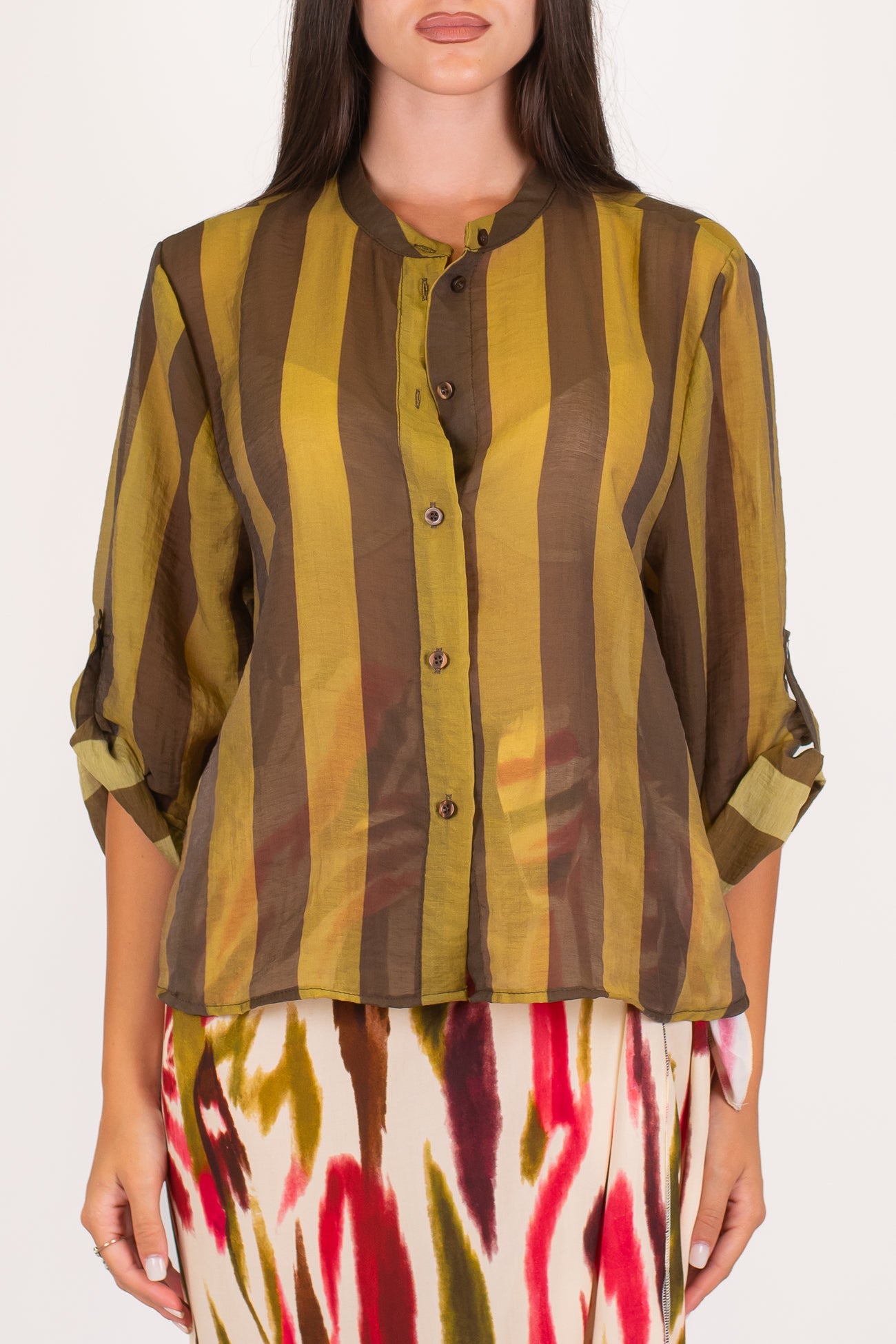 Haveone - Camicia fantasia a righe a contrasto in lyocell con manica tre quarti