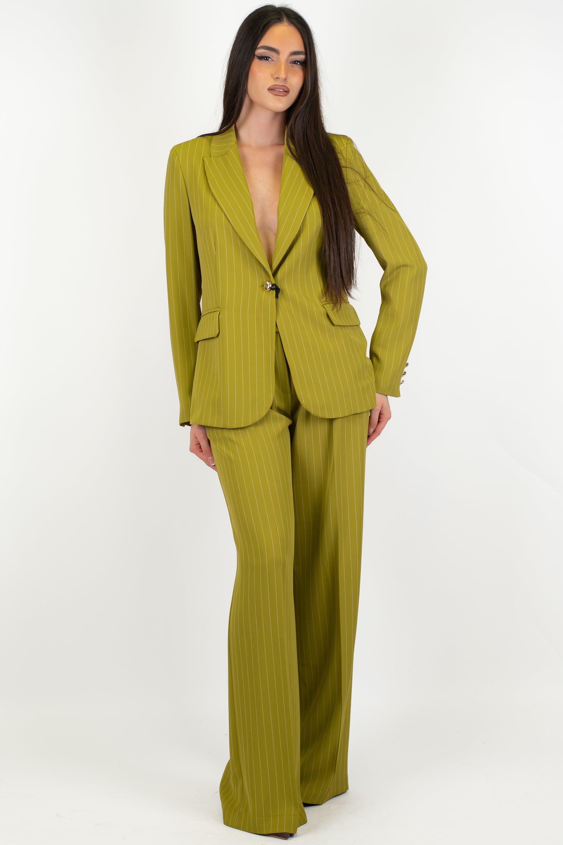 Maryley - Pantalone palazzo gessato con pinces ed elastico sul retro