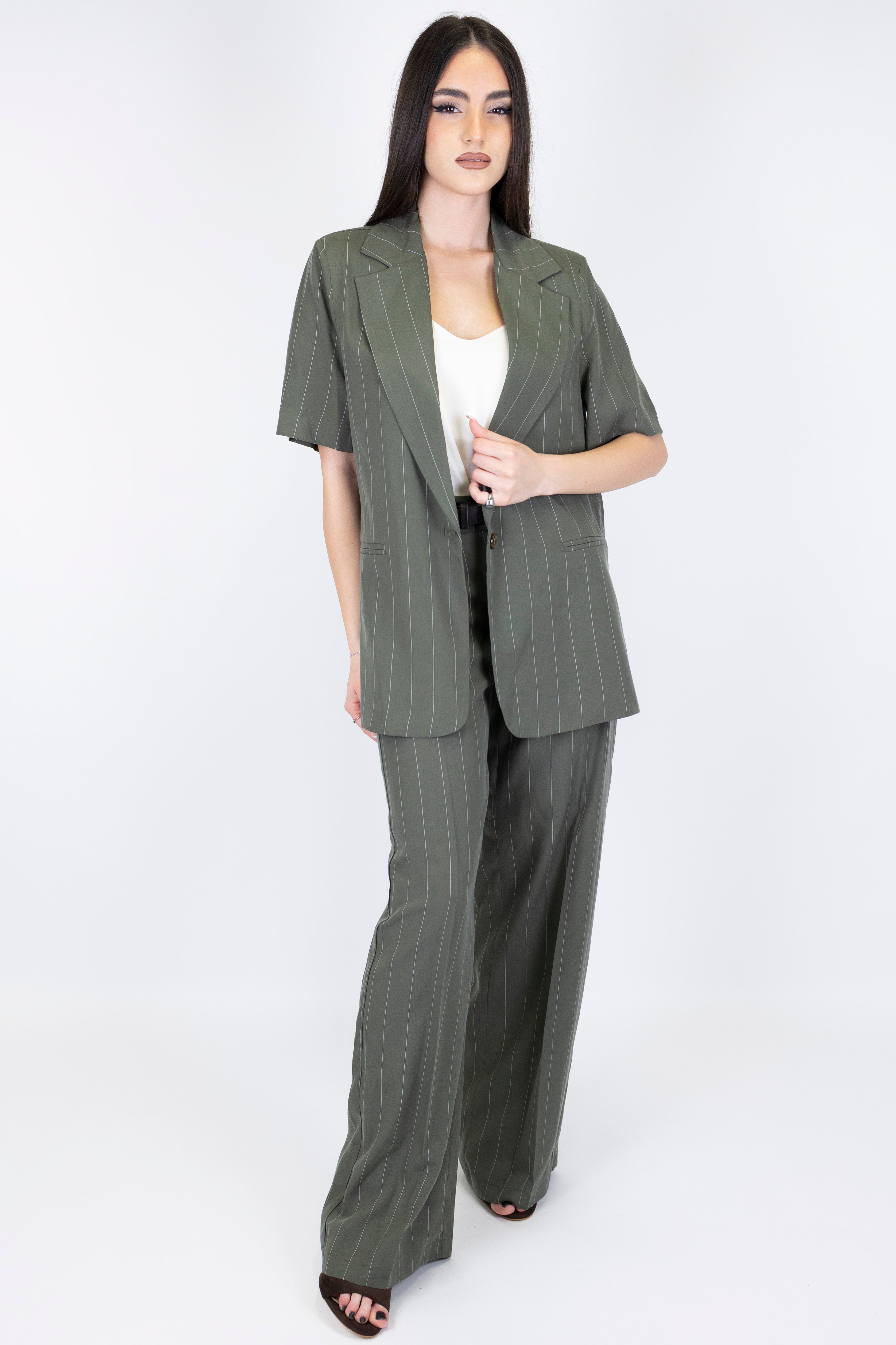 Haveone - Pantalone palazzo gessato in lyocell con elastico sul retro