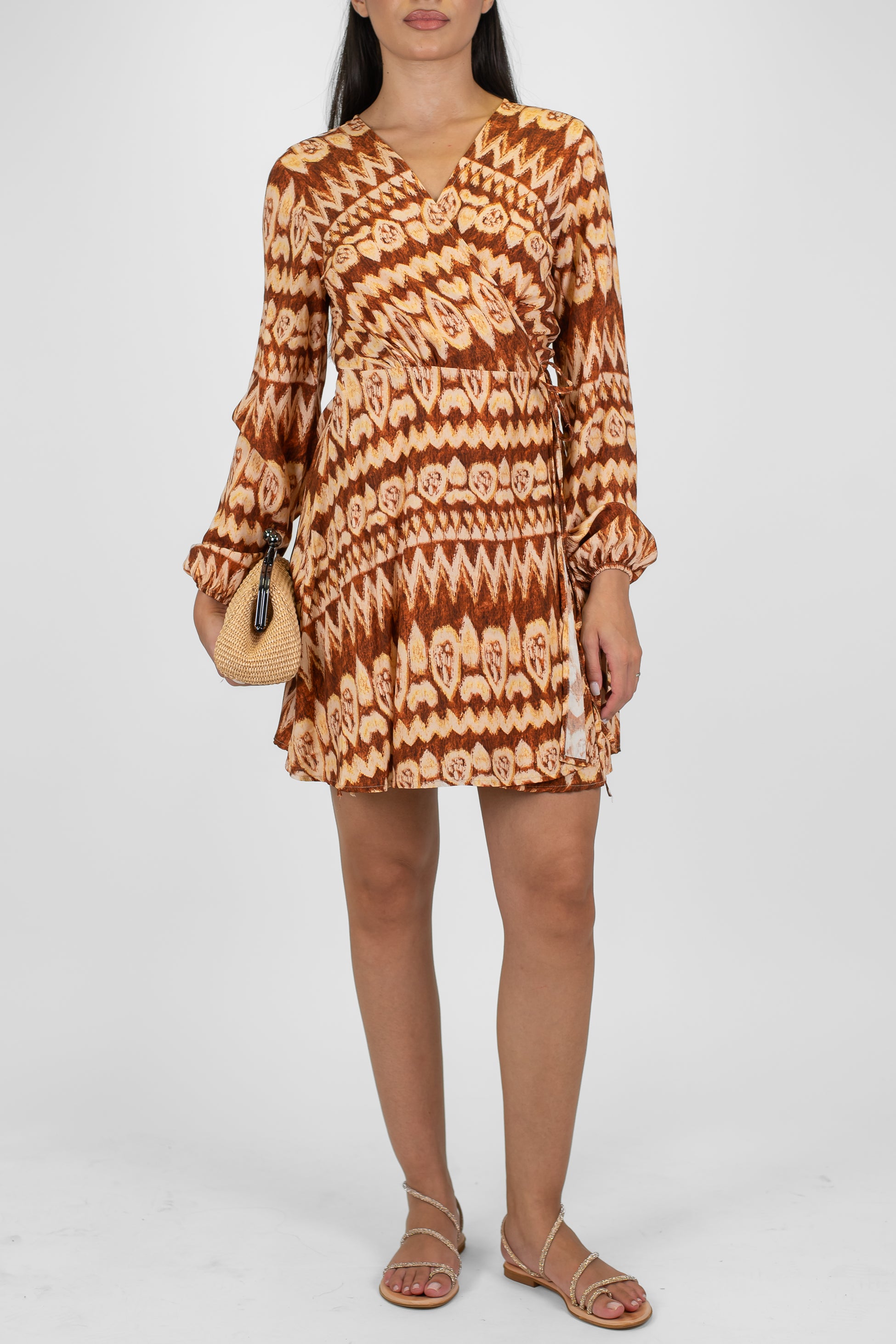 Haveone  - Abito corto a portafoglio fantasia astratta in viscosa