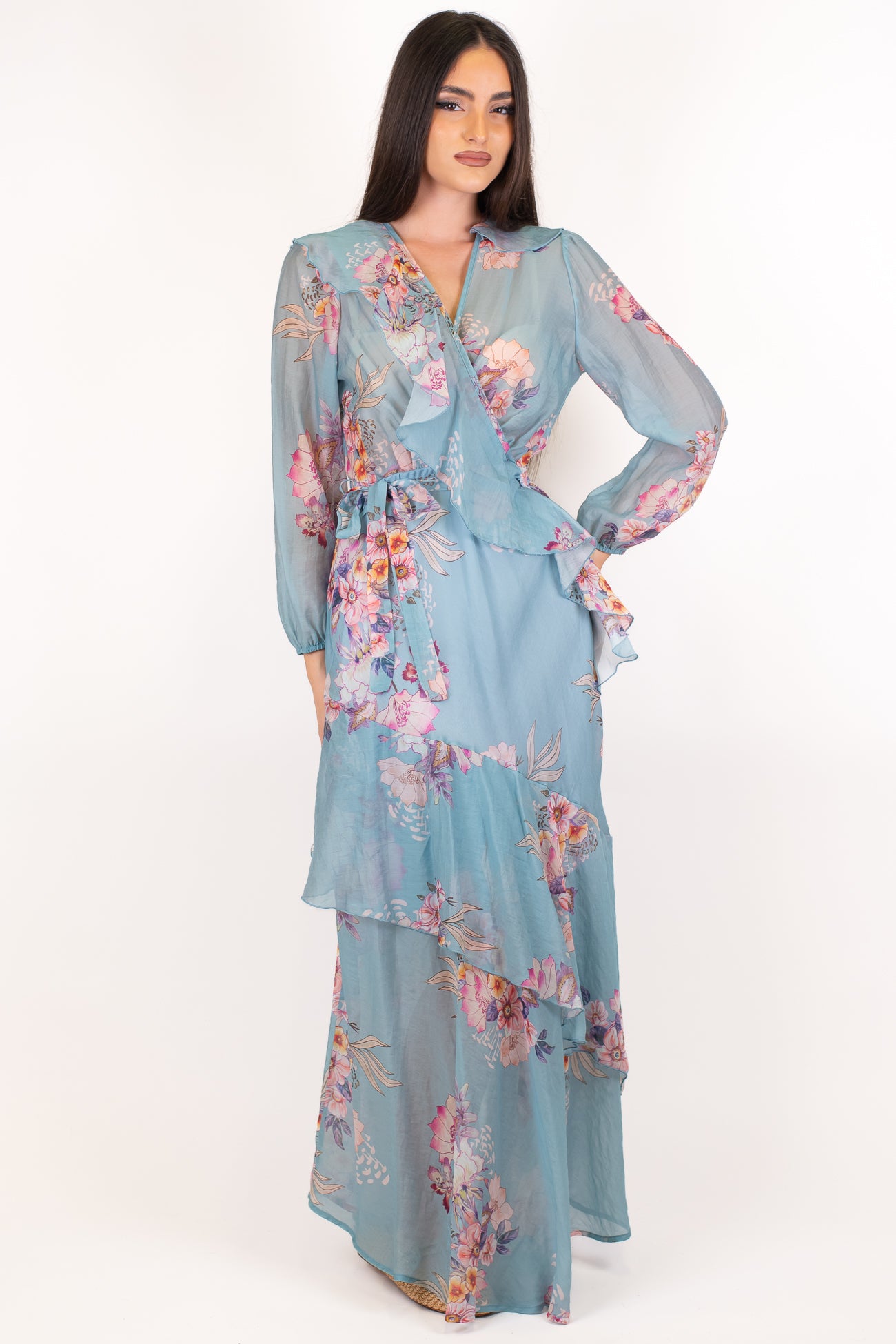 Dixie - Abito lungo fantasia floreale in lyocell con balze e rouches