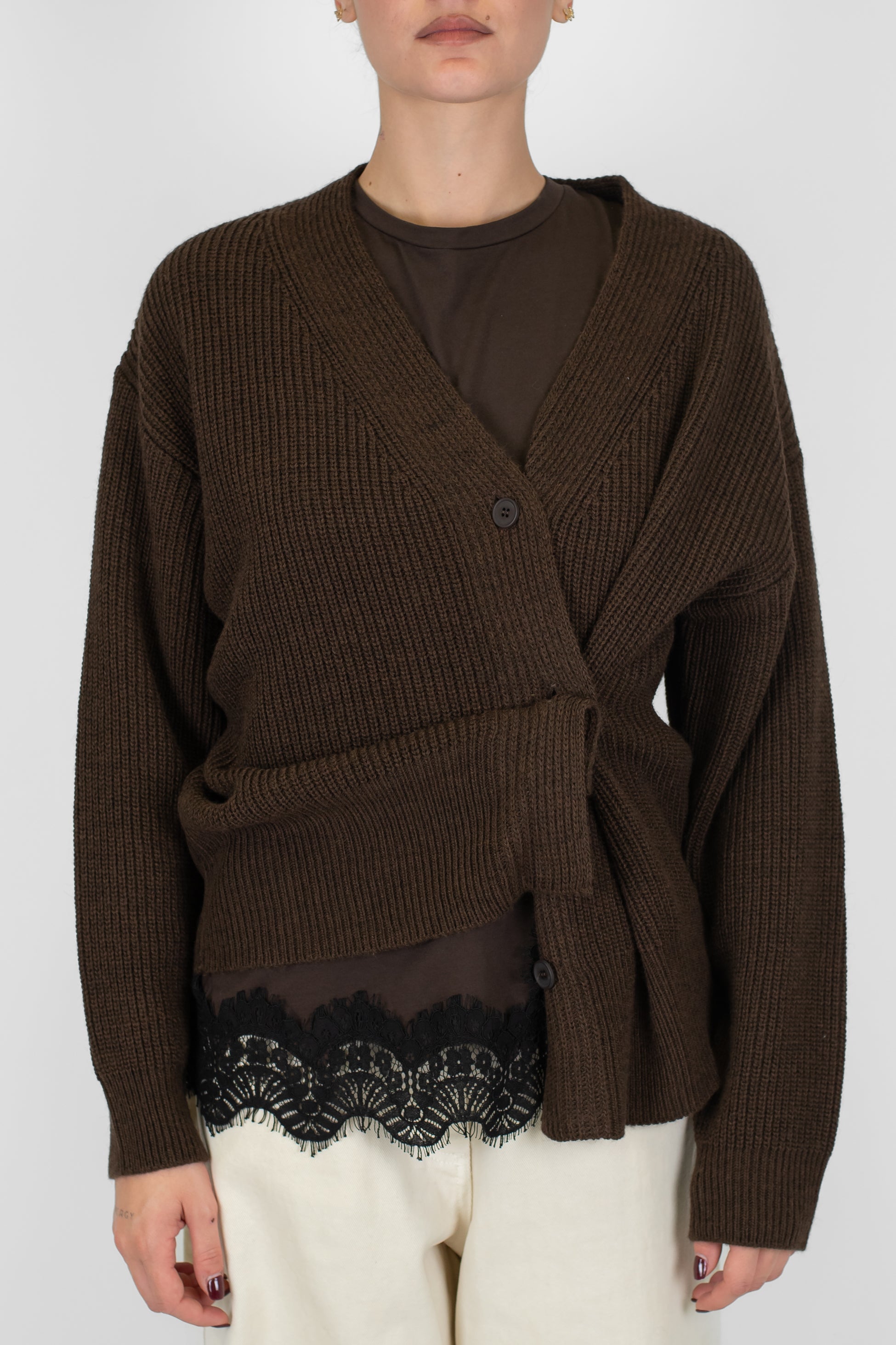 Haveone - Cardigan a costine in misto lana con abbotonatura laterale