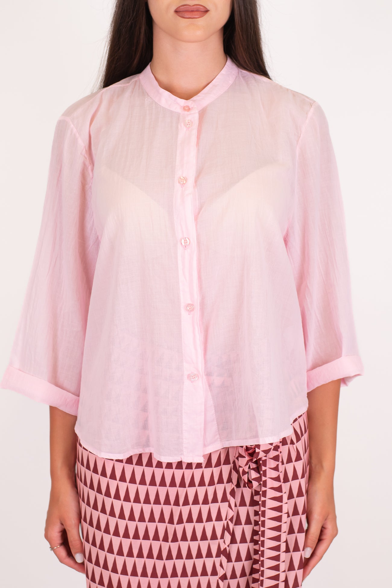 Tensione in - Camicia in mussola di cotone tinta unita con collo coreano