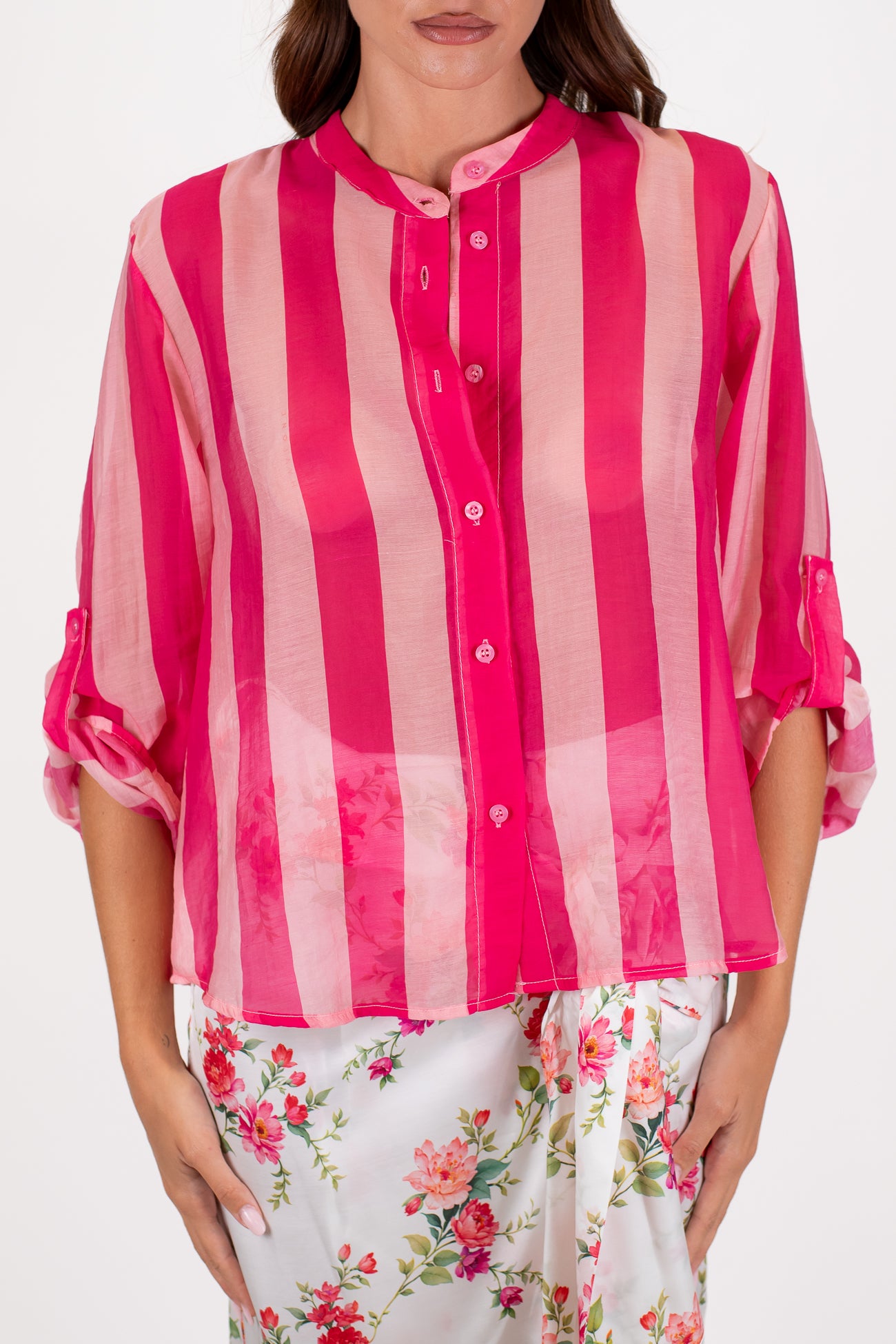 Haveone - Camicia fantasia a righe a contrasto in lyocell con manica tre quarti