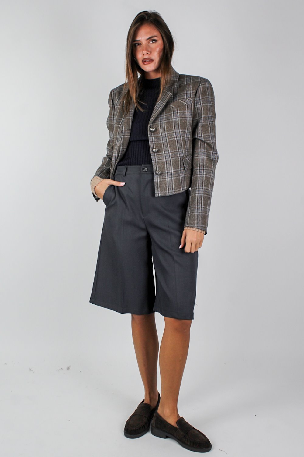 Haveone - Giacca crop fantasia check con spalline