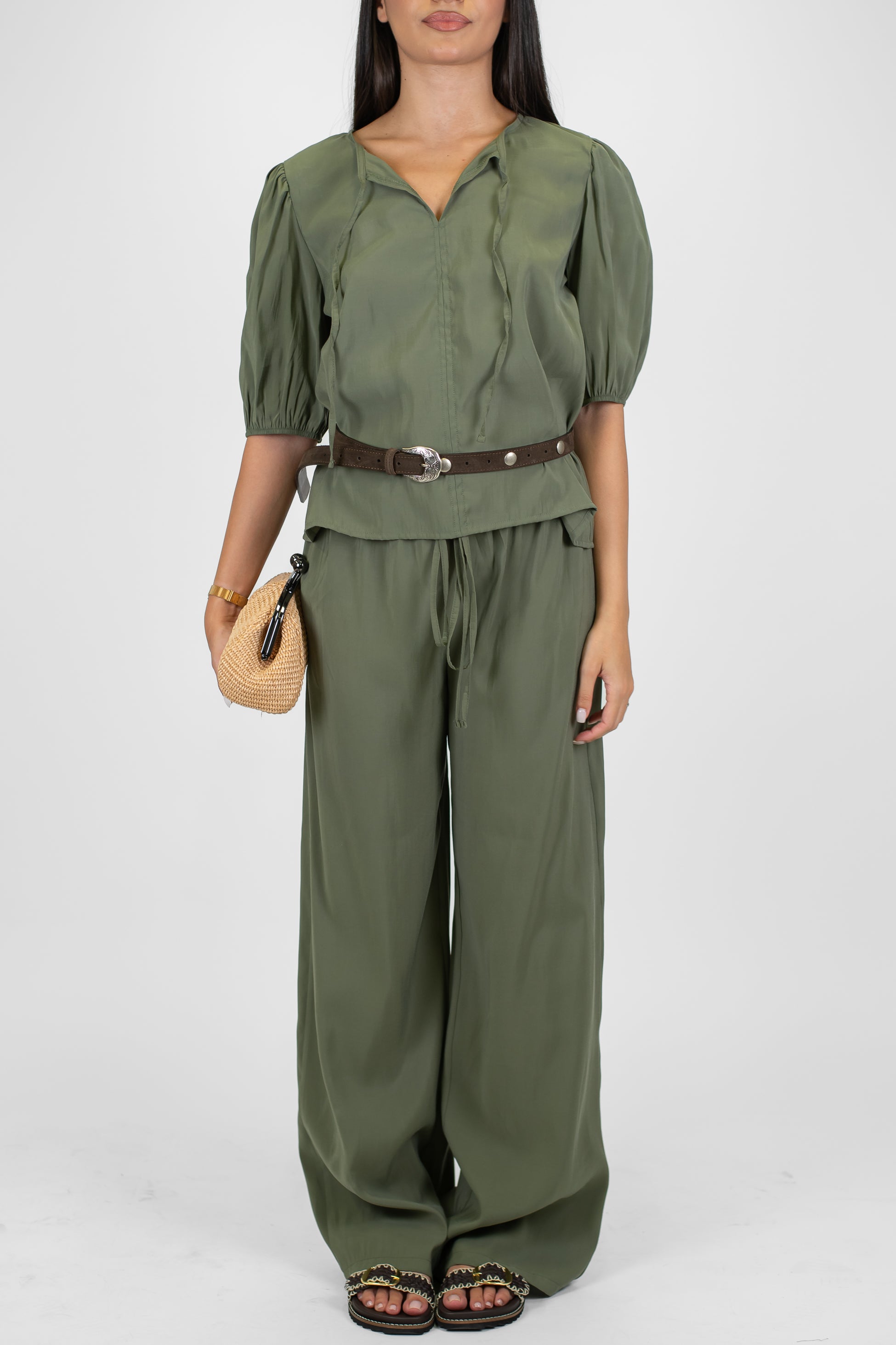 Haveone - Coordinato in modal con t-shirt scollo a V con lacci e pantalone palazzo con coulisse