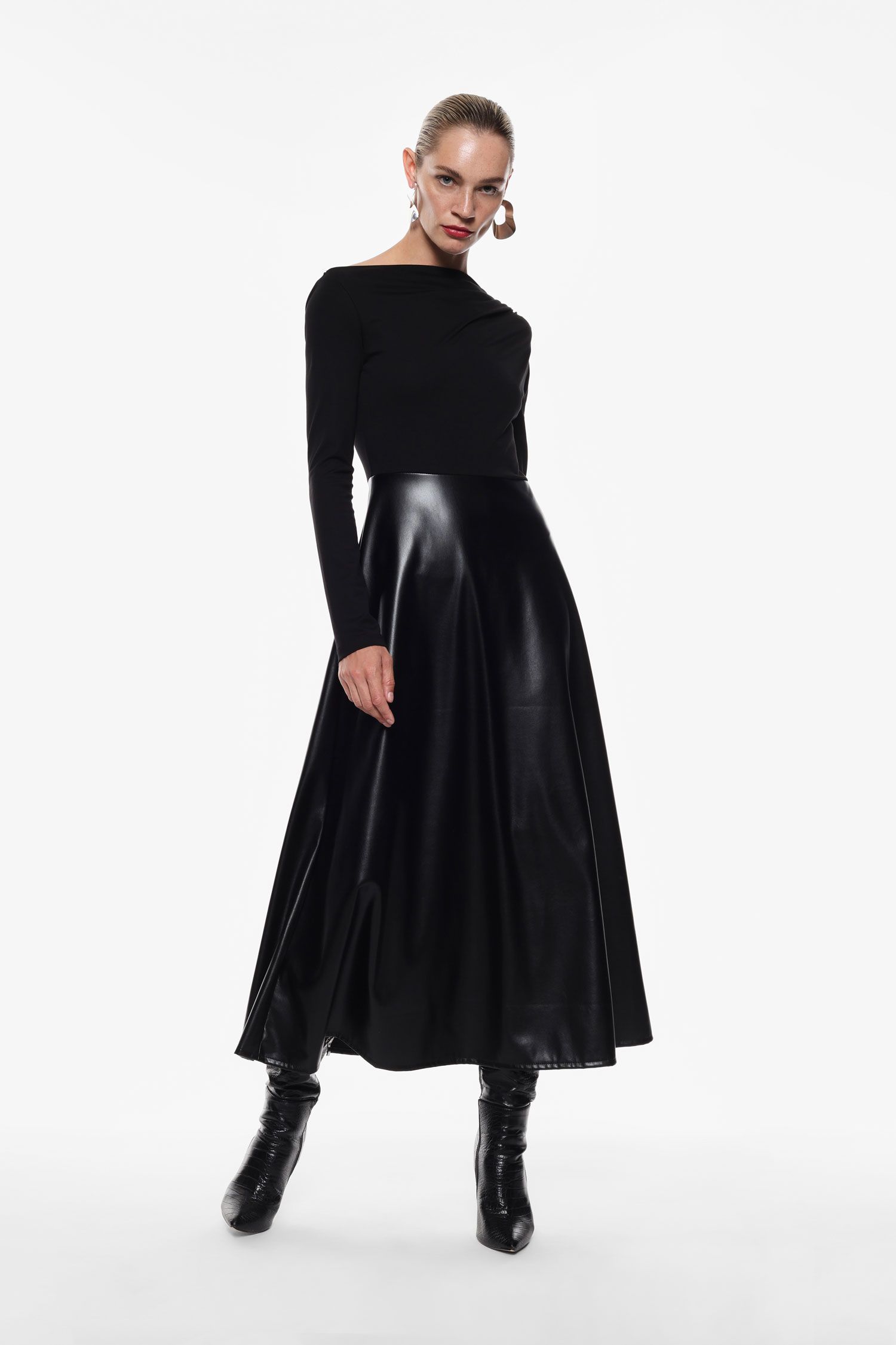 Imperial - Abito lungo scollo a barca con gonna in ecopelle