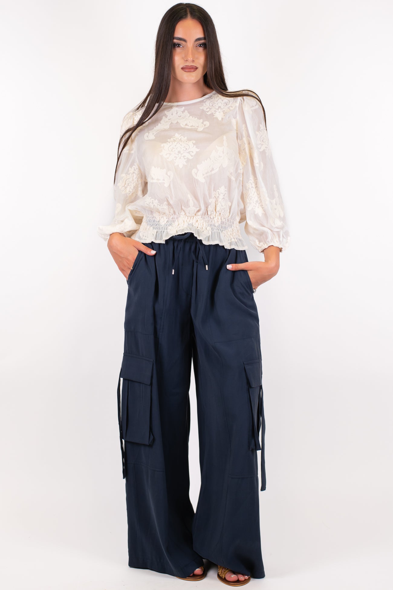 Tensione in - Pantalone palazzo cargo in viscosa leggera con coulisse