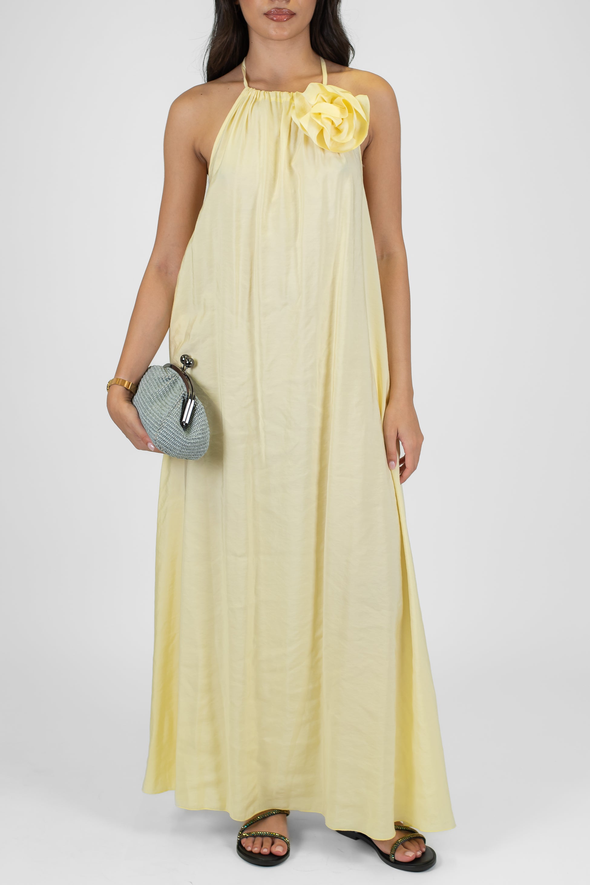 Tensione in - Abito lungo in modal scollo americano con spilla e scollatura sul retro