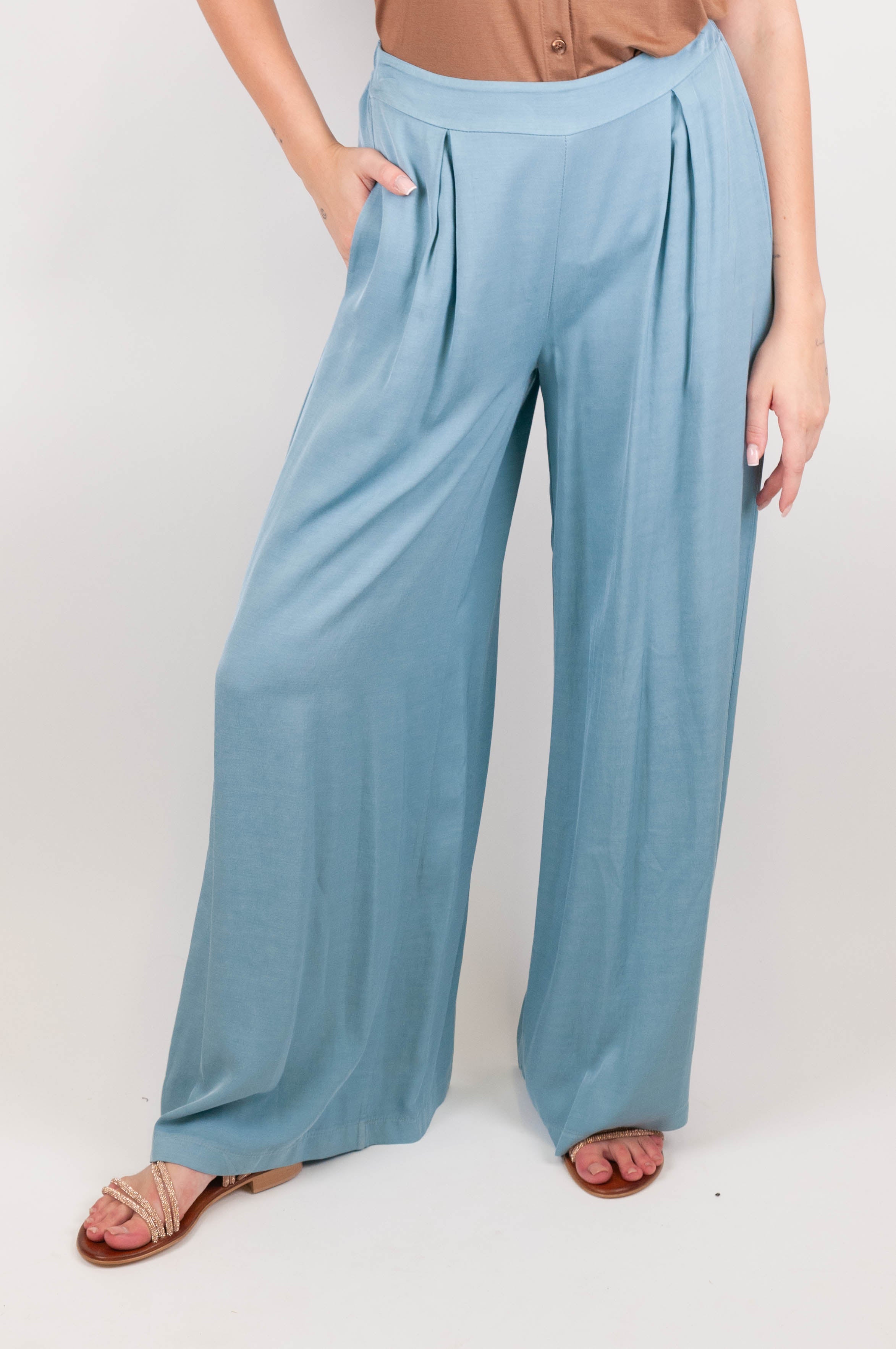 Dixie - Pantalone palazzo in misto lino con pinces ed elastico in vita