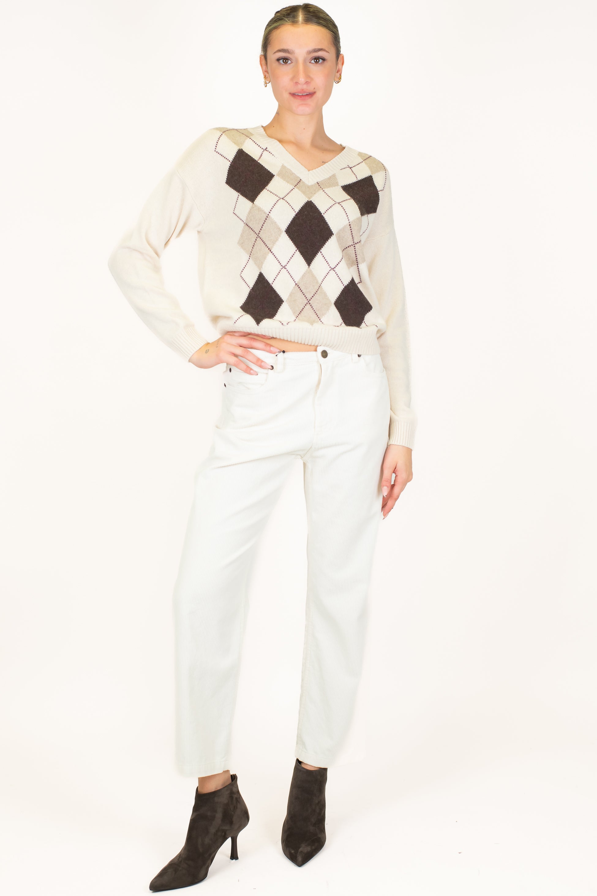 Tensione in - Maglia scollo V fantasia rombi a contrasto in misto lana e cashmere