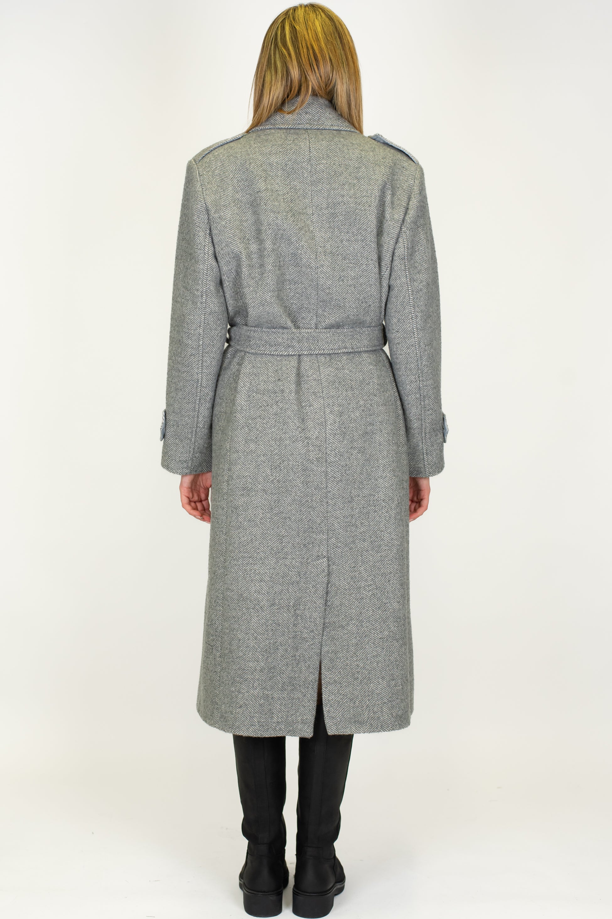 Tensione in - Cappotto lungo doppipetto fantasia spinata in misto lana con cintura in tessuto