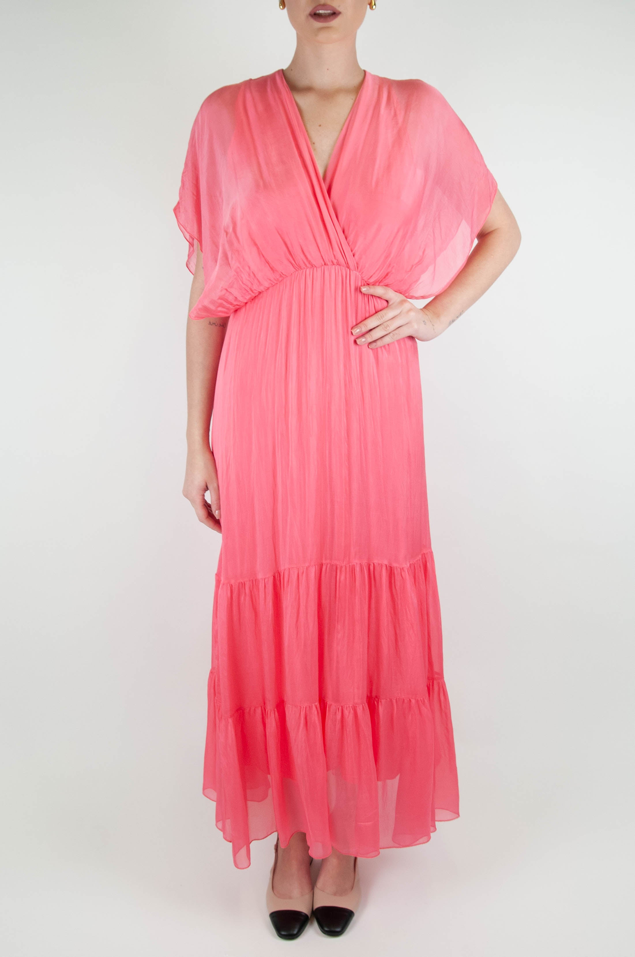 Haveone - Long dress in silk blend with flounces and V-neck