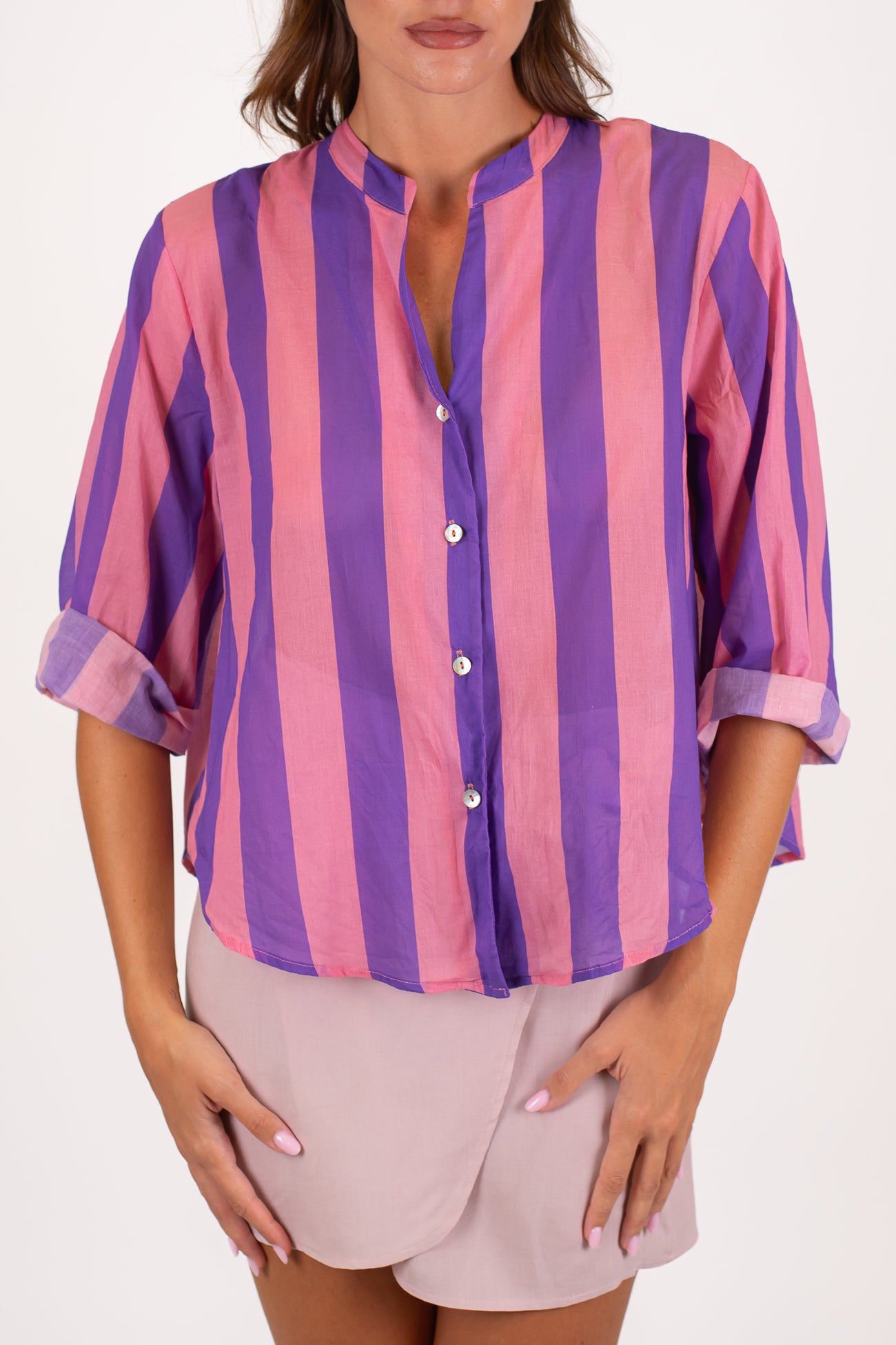 Motel - Camicia fantasia a righe in mussola di cotone con collo coreano