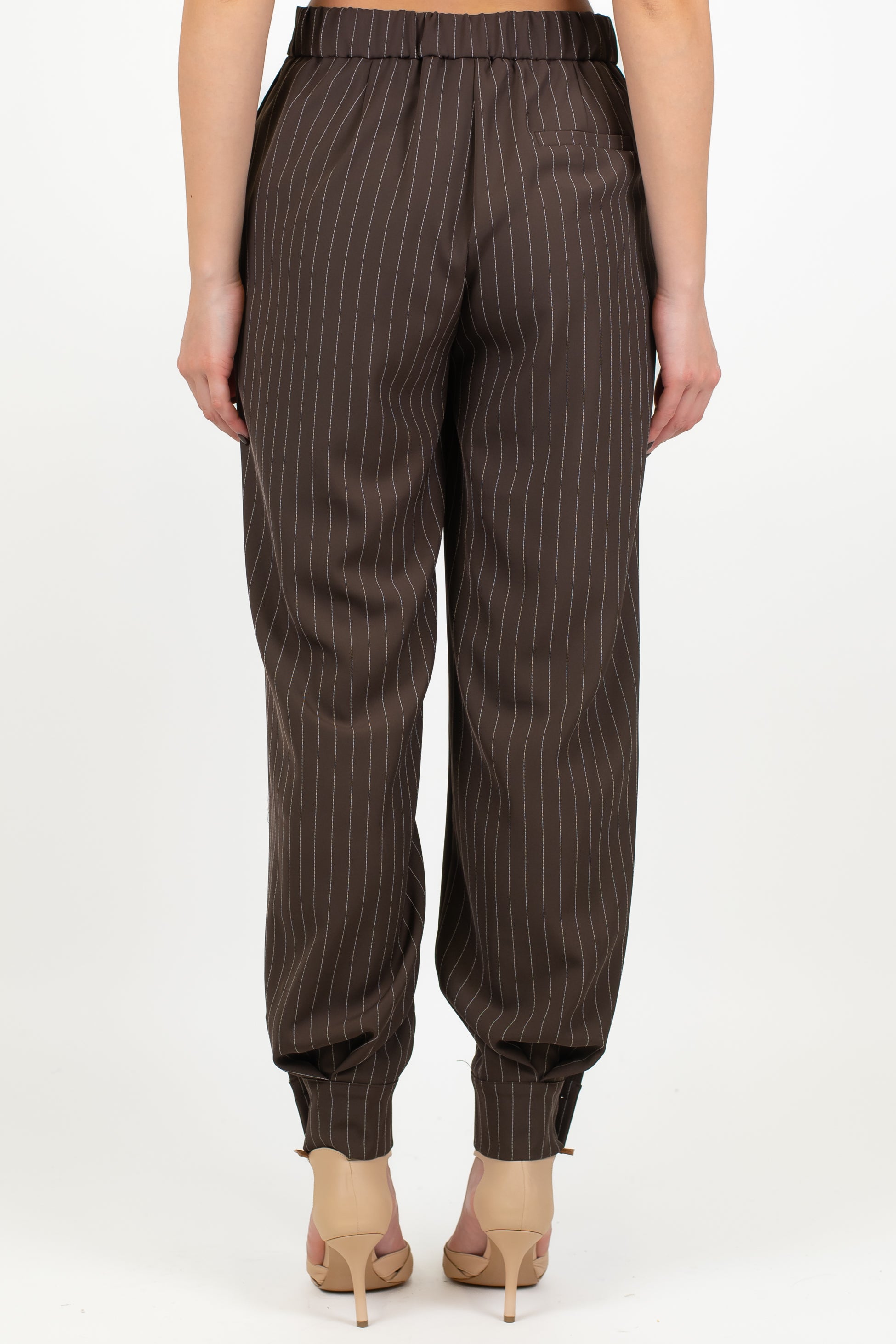 Maryley - Pantalone regular gessato con elastico sul retro e bottoni sul fondo