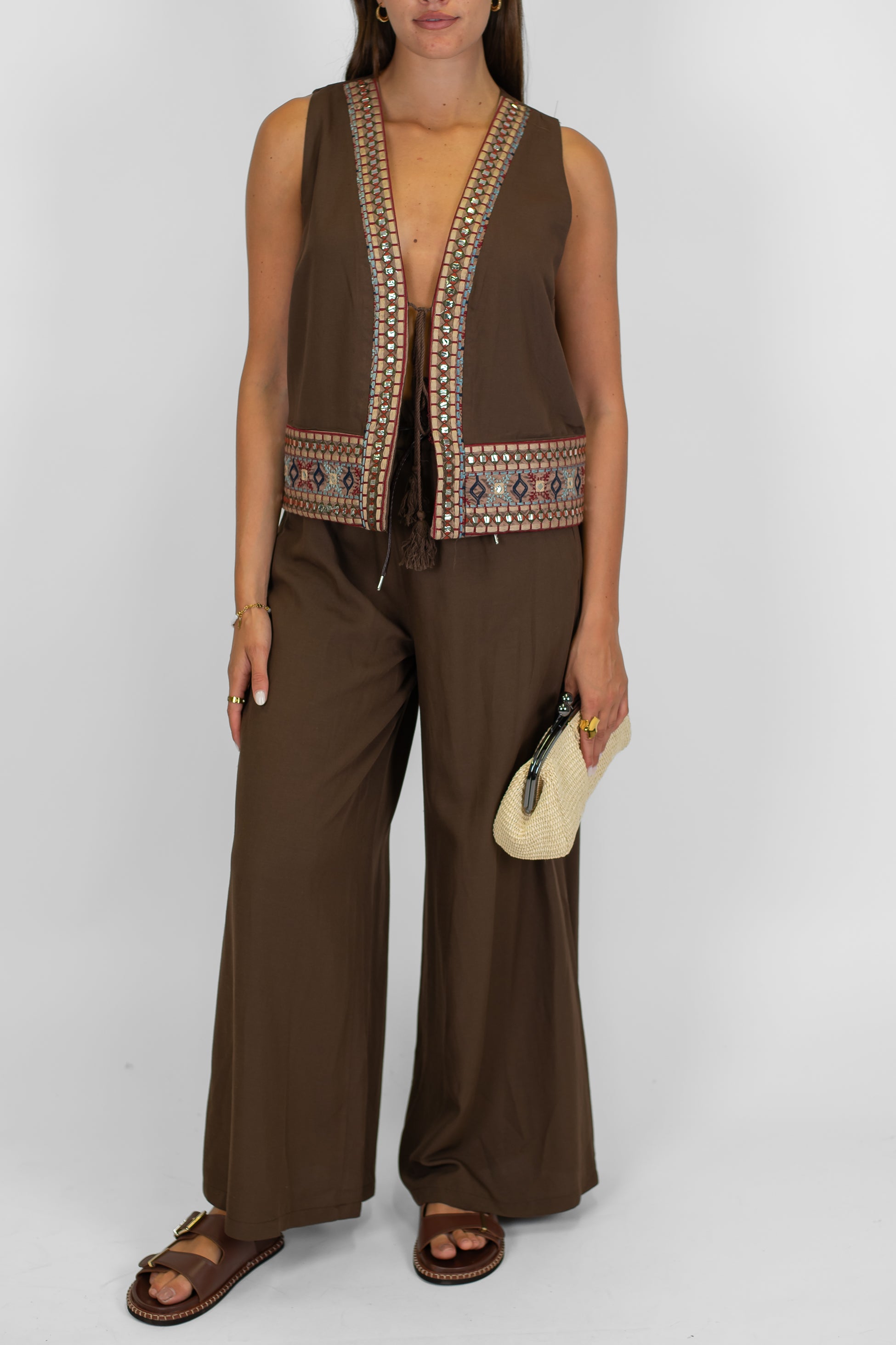 Motel - Pantalone palazzo in misto lino con elastico in vita