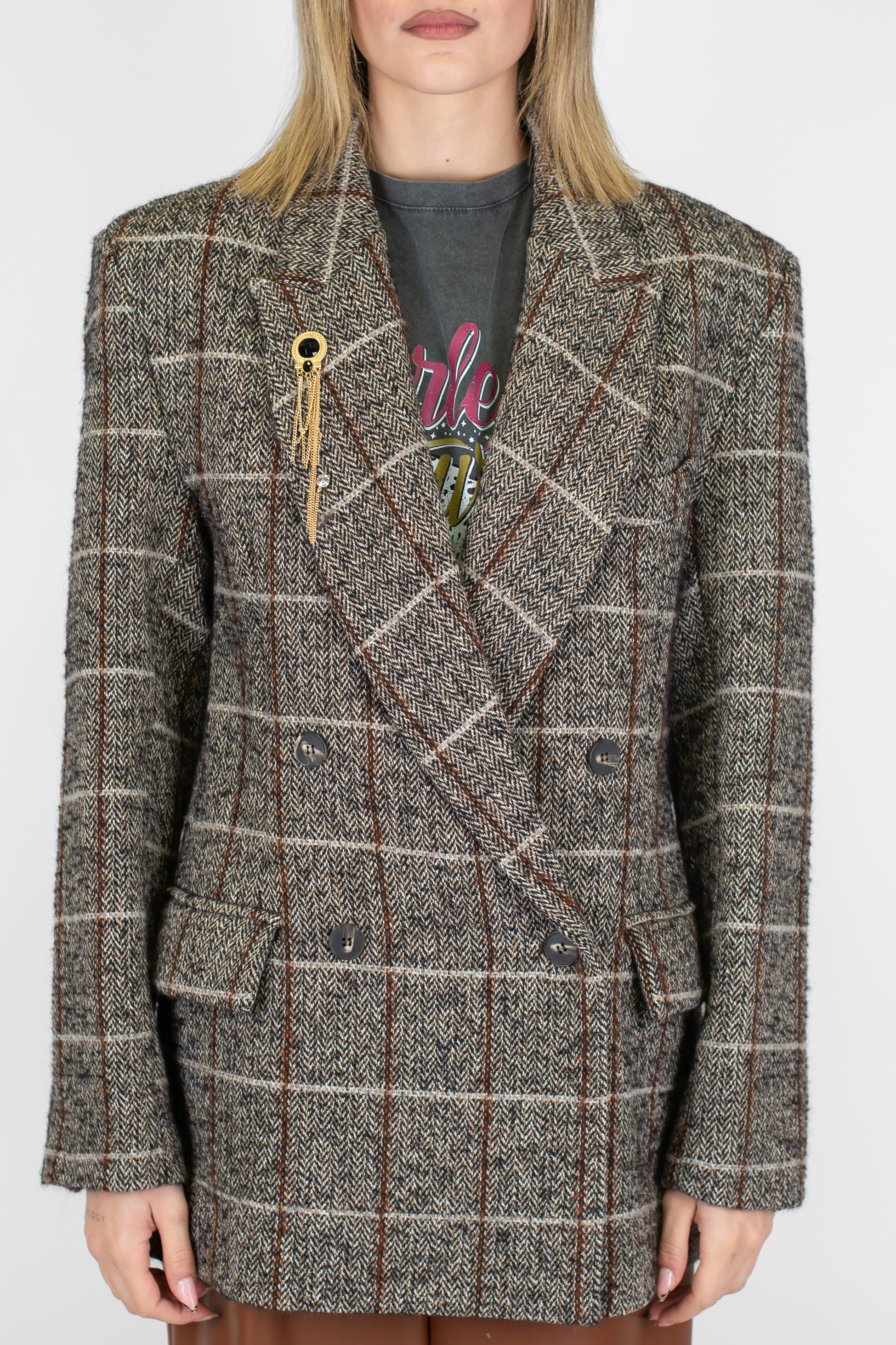 Motel - Blazer doppiopetto fantasia quadri in misto lana con spilla gioiello