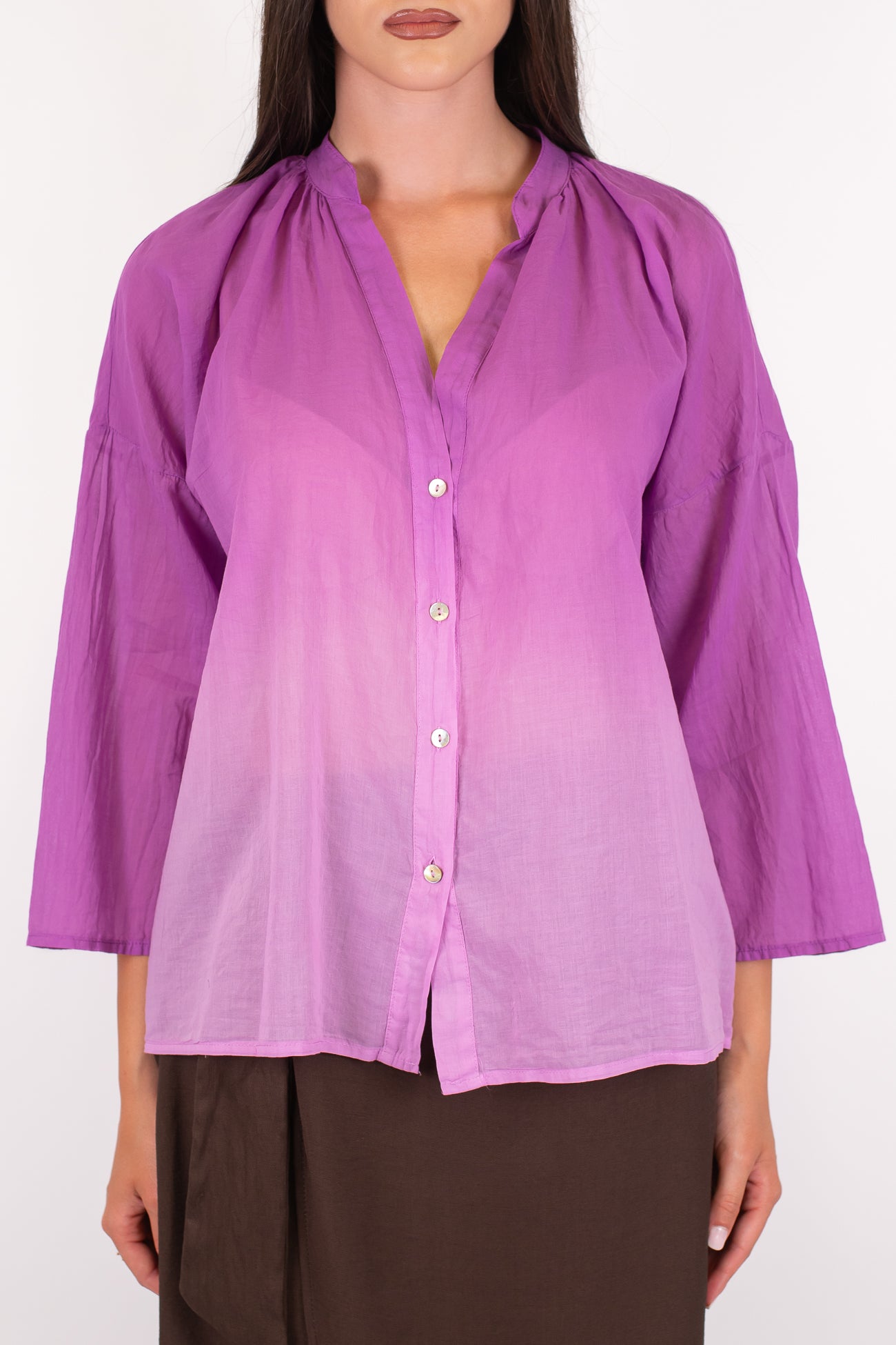Haveone - Camicia fantasia sfumata in musssola di cotone con collo coreano e manicha tre quarti