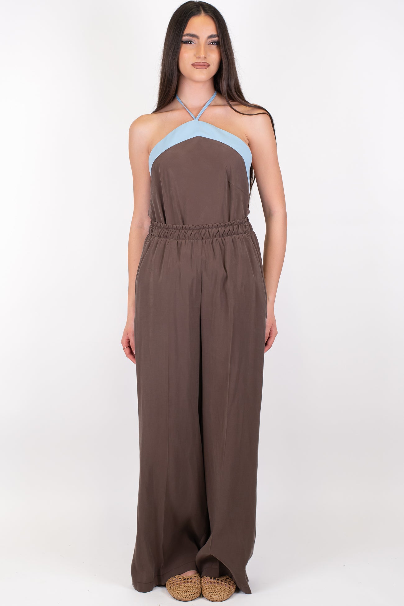 Maryley - Coordinato top scollo americano con profilo a contrasto e pantalone palazzo con elastico in vita