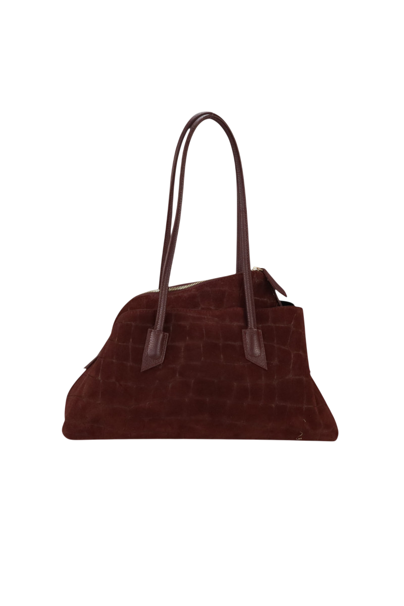 Borsa trapezio in camoscio cocco con manici e tracolla