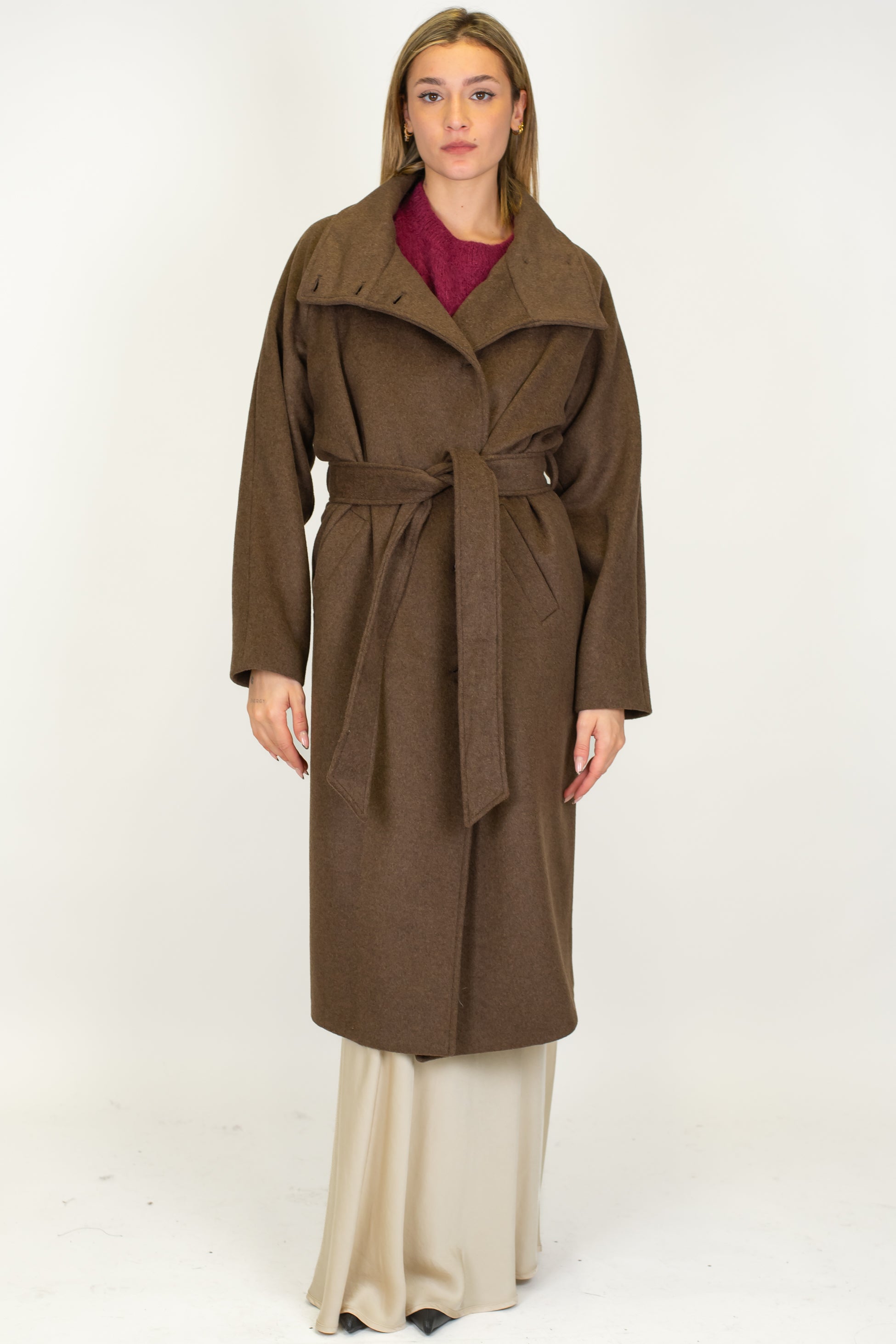 Tensione in - Cappotto lungo collo alto in misto lana con cintura in tessuto