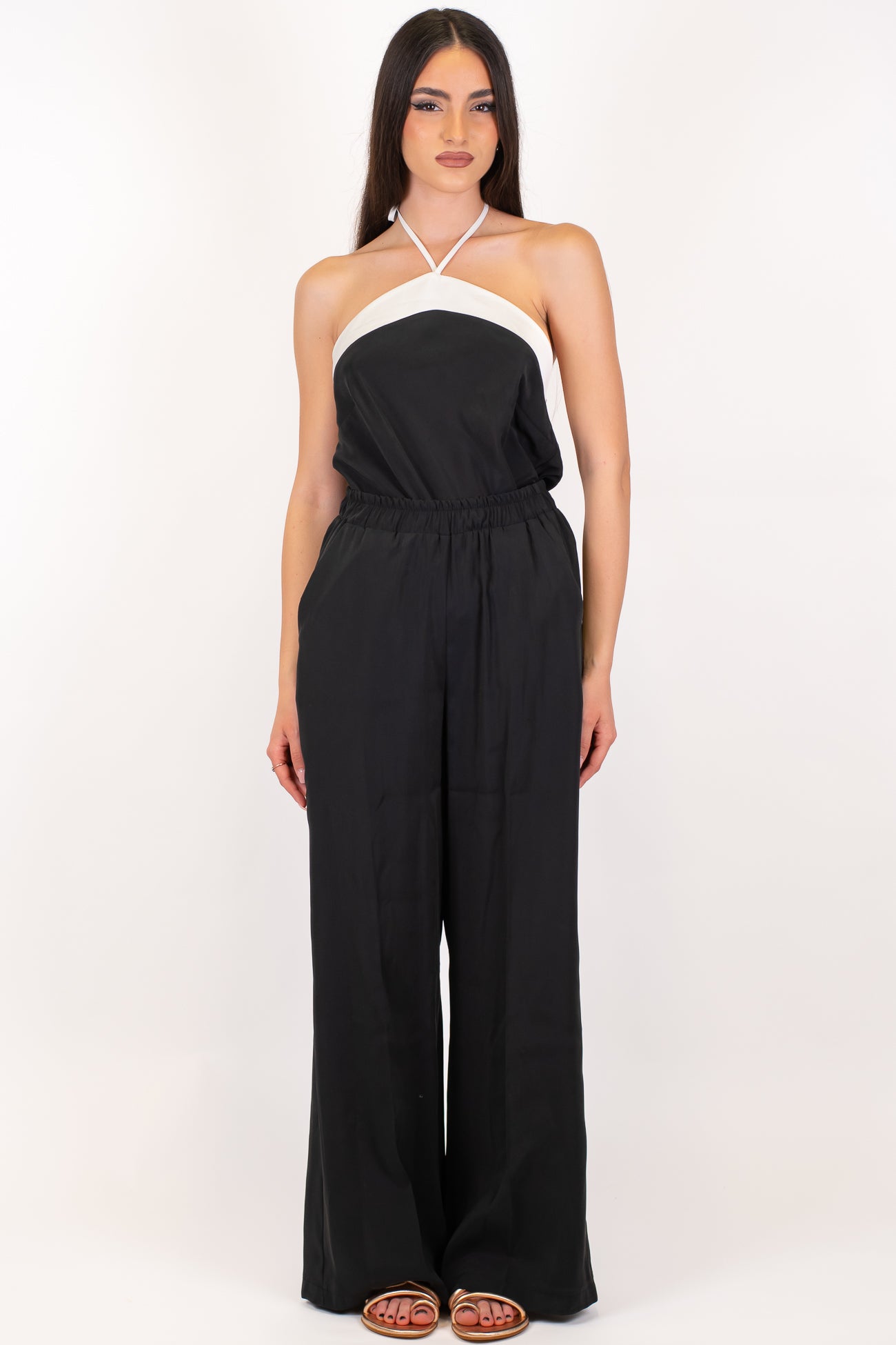 Maryley - Coordinato top scollo americano con profilo a contrasto e pantalone palazzo con elastico in vita
